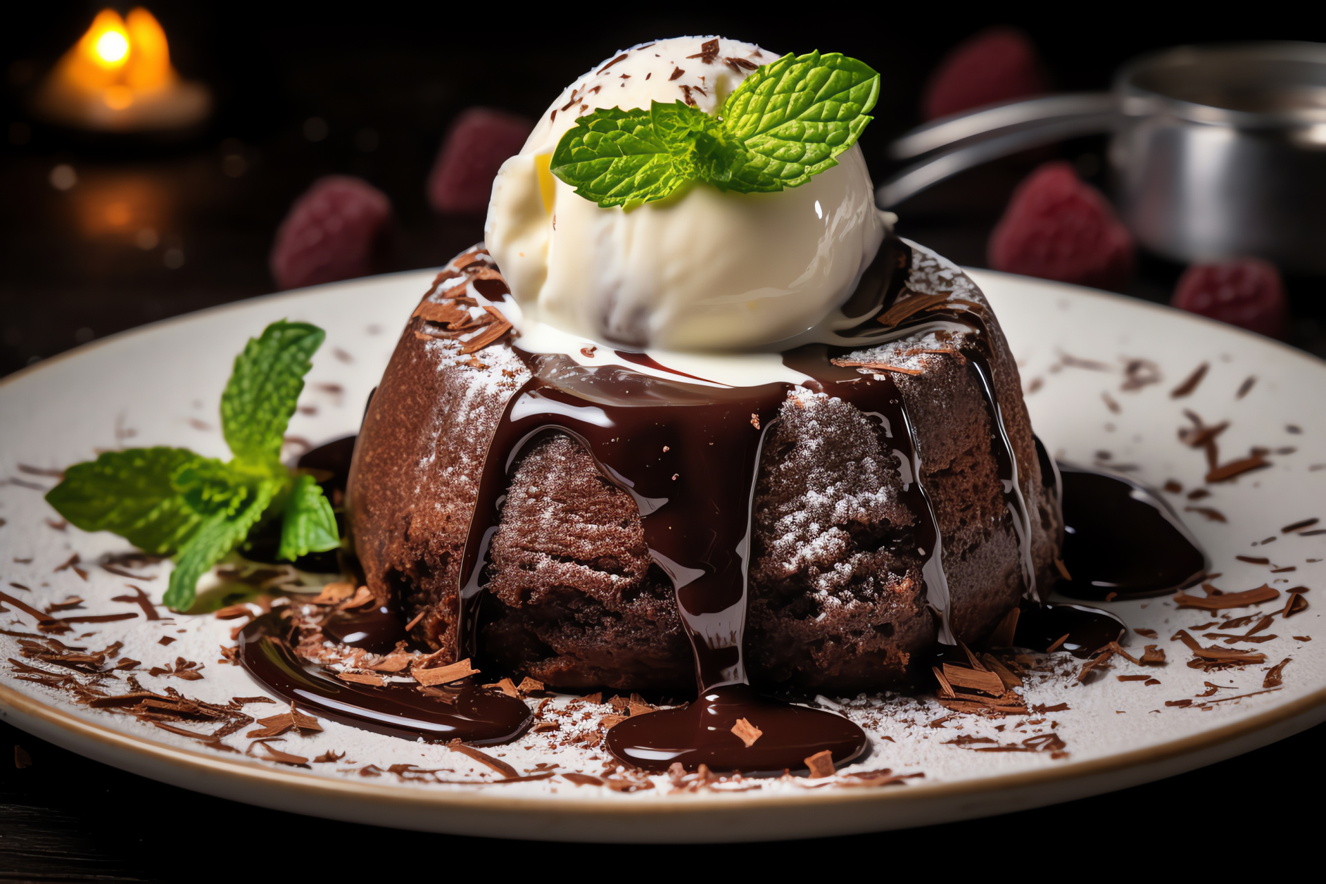 Decadent dessert, Gooey chocolate center, Creamy vanilla scoop, Elegant plating, Sugary dusting, HD Desktop Wallpaper