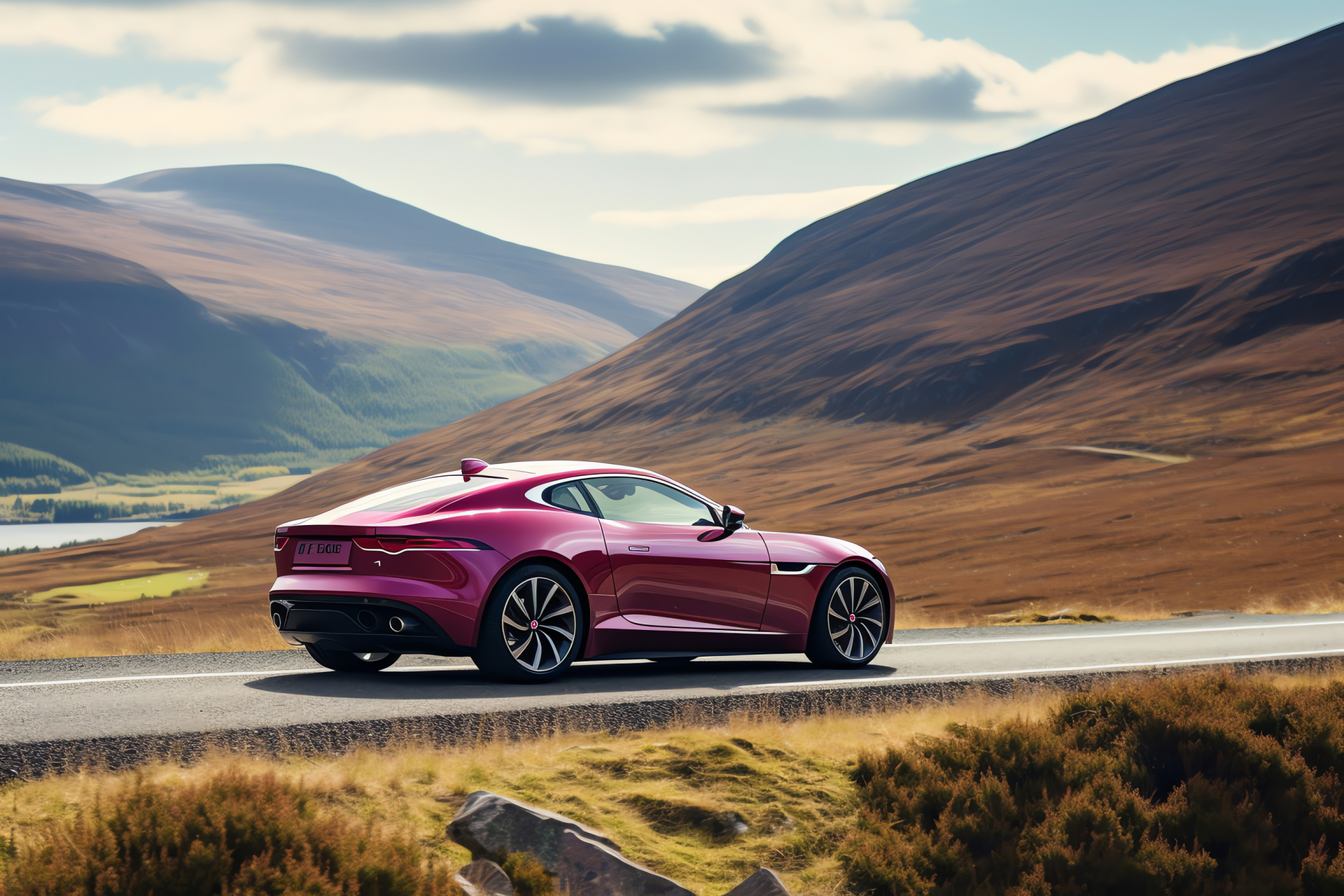 Pink Jaguar F-Type, Scottish Highlands adventure, serpentine mountain paths, wild loch scenery, natural ruggedness, HD Desktop Wallpaper