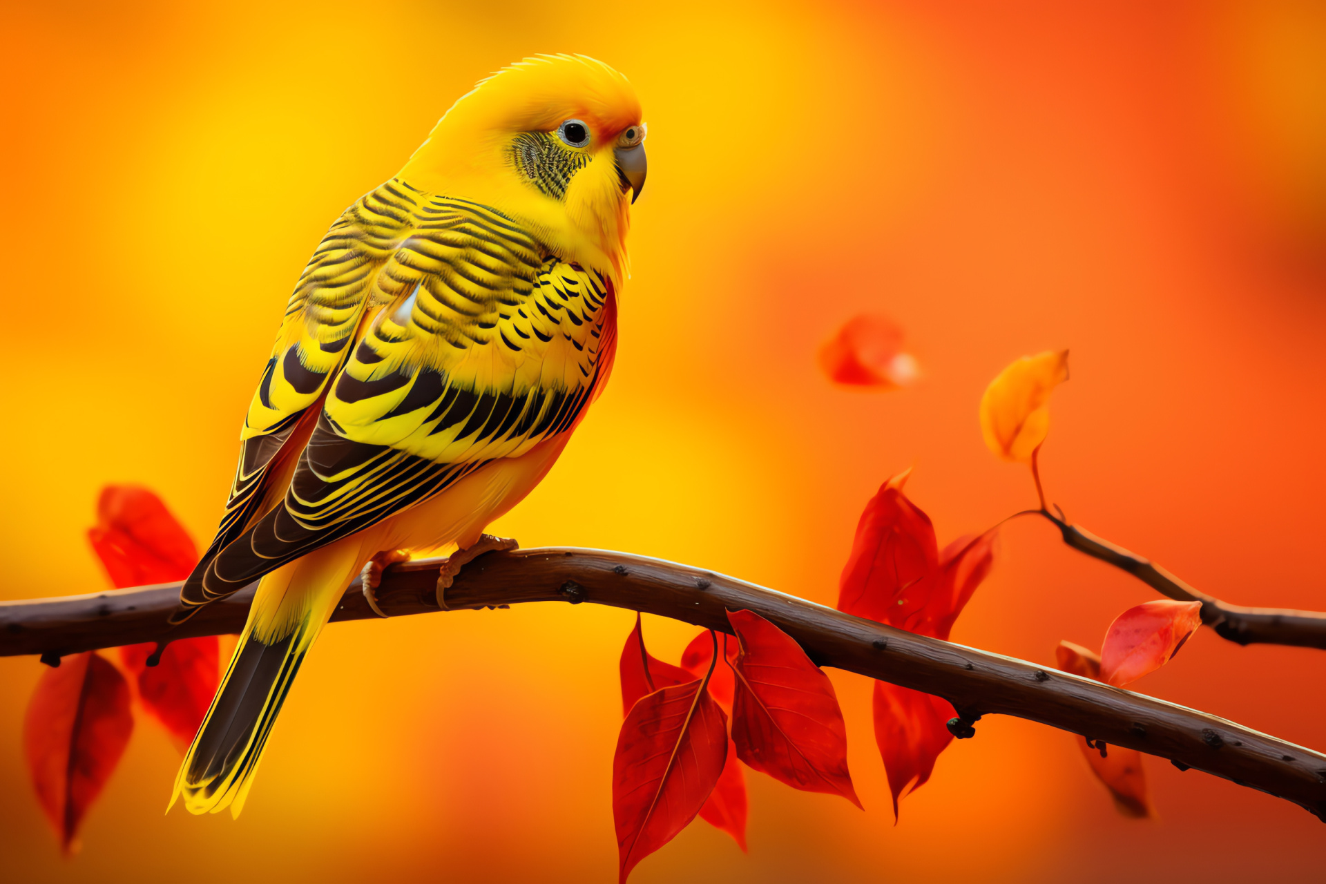 Parakeet, yellow and red plumage, perching bird, dynamic backdrop, HD Desktop Image