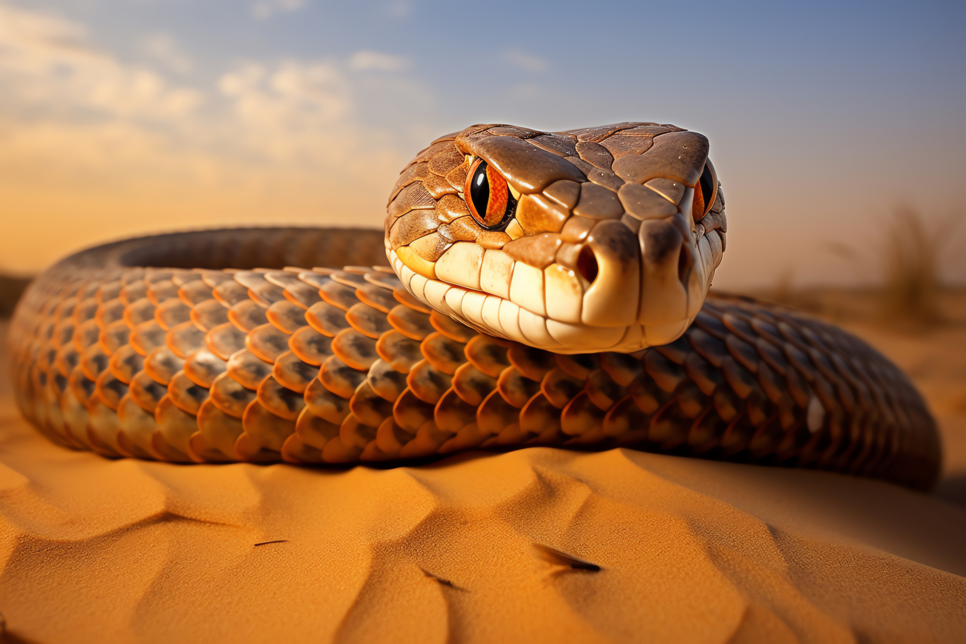 Desert dweller, vibrant orange eyes, dunes mimicry, Naja haje, arid survival, HD Desktop Wallpaper