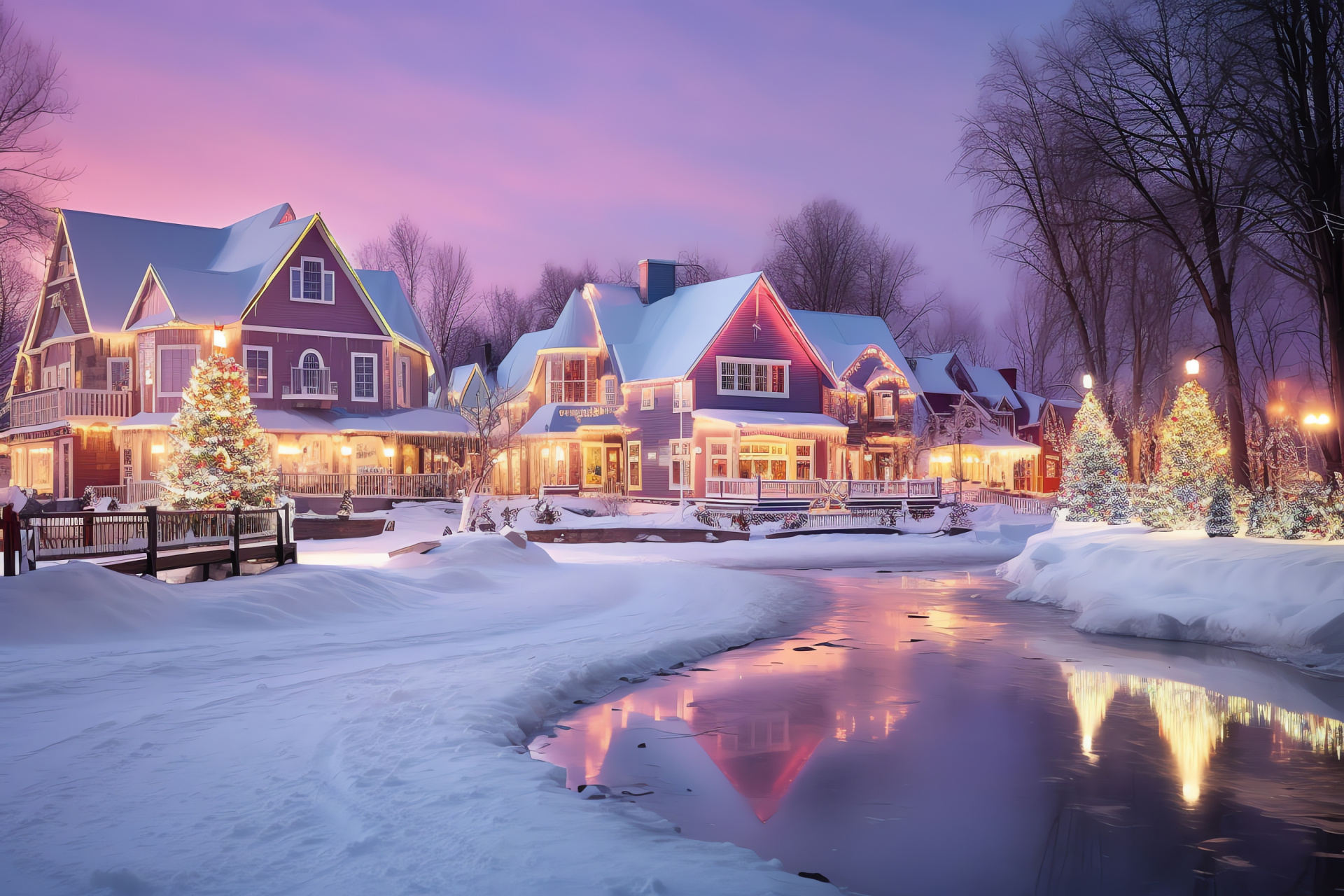 Festive season scenery, wintertime rural charm, illuminated festive village, frosty cottages, homely hearths, HD Desktop Wallpaper