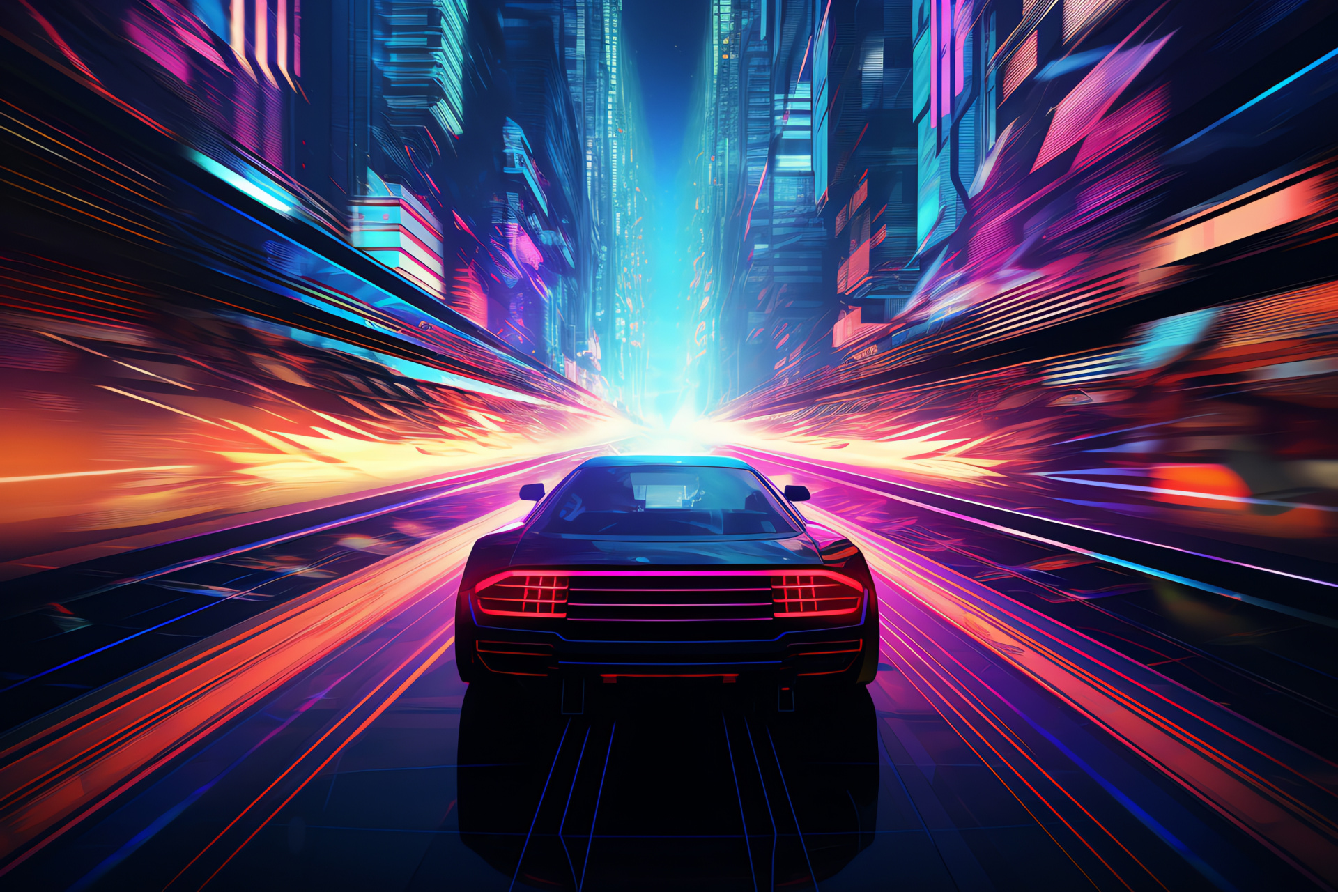 Vehicle in neon hues, aerial low angle, sci-fi urban design, vibrant holography, city glow, HD Desktop Wallpaper