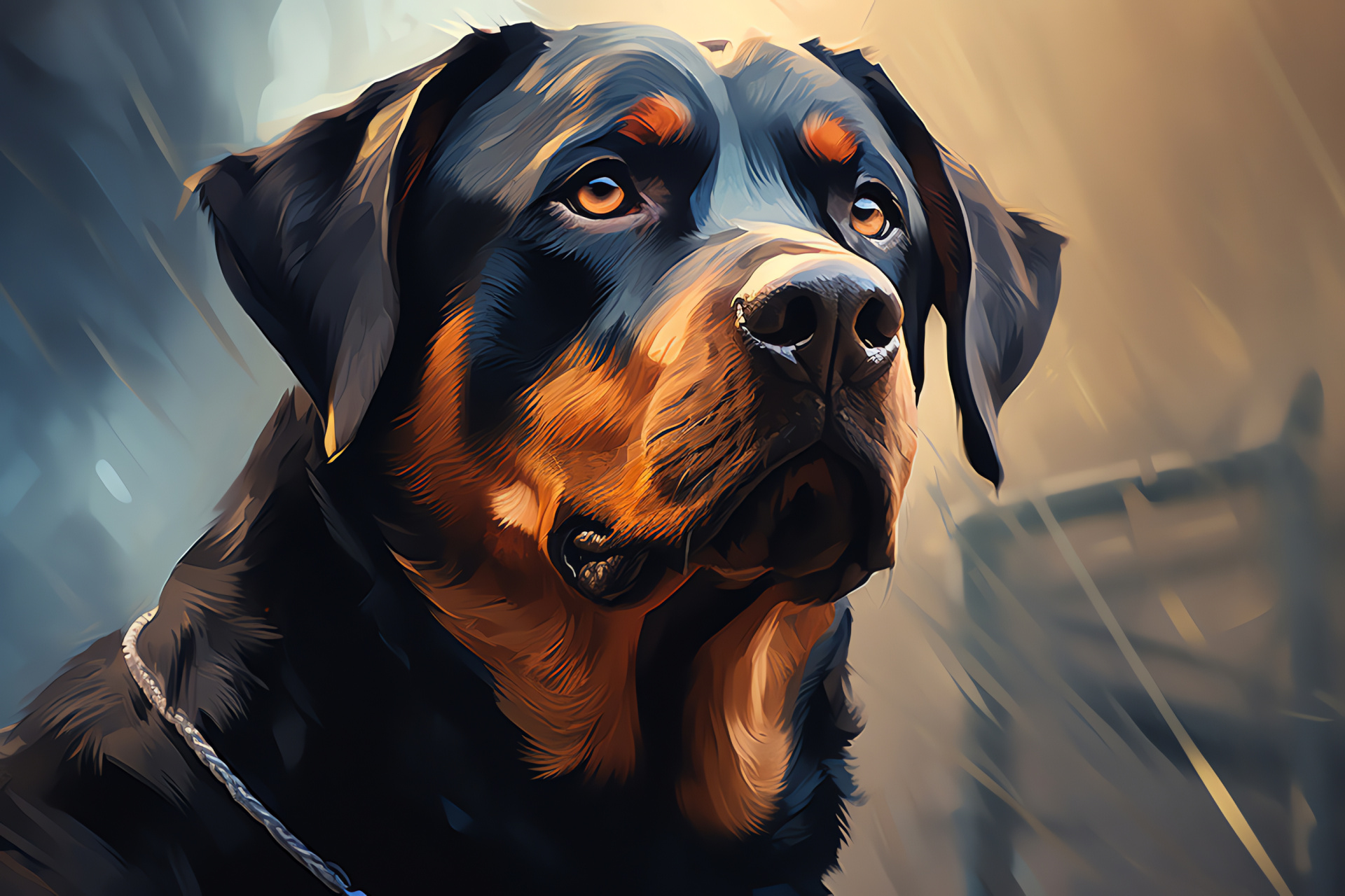 Rottweiler, disciplined pose, focused gaze, thick double coat, black fur, rust color markings, close-up framing, HD Desktop Image