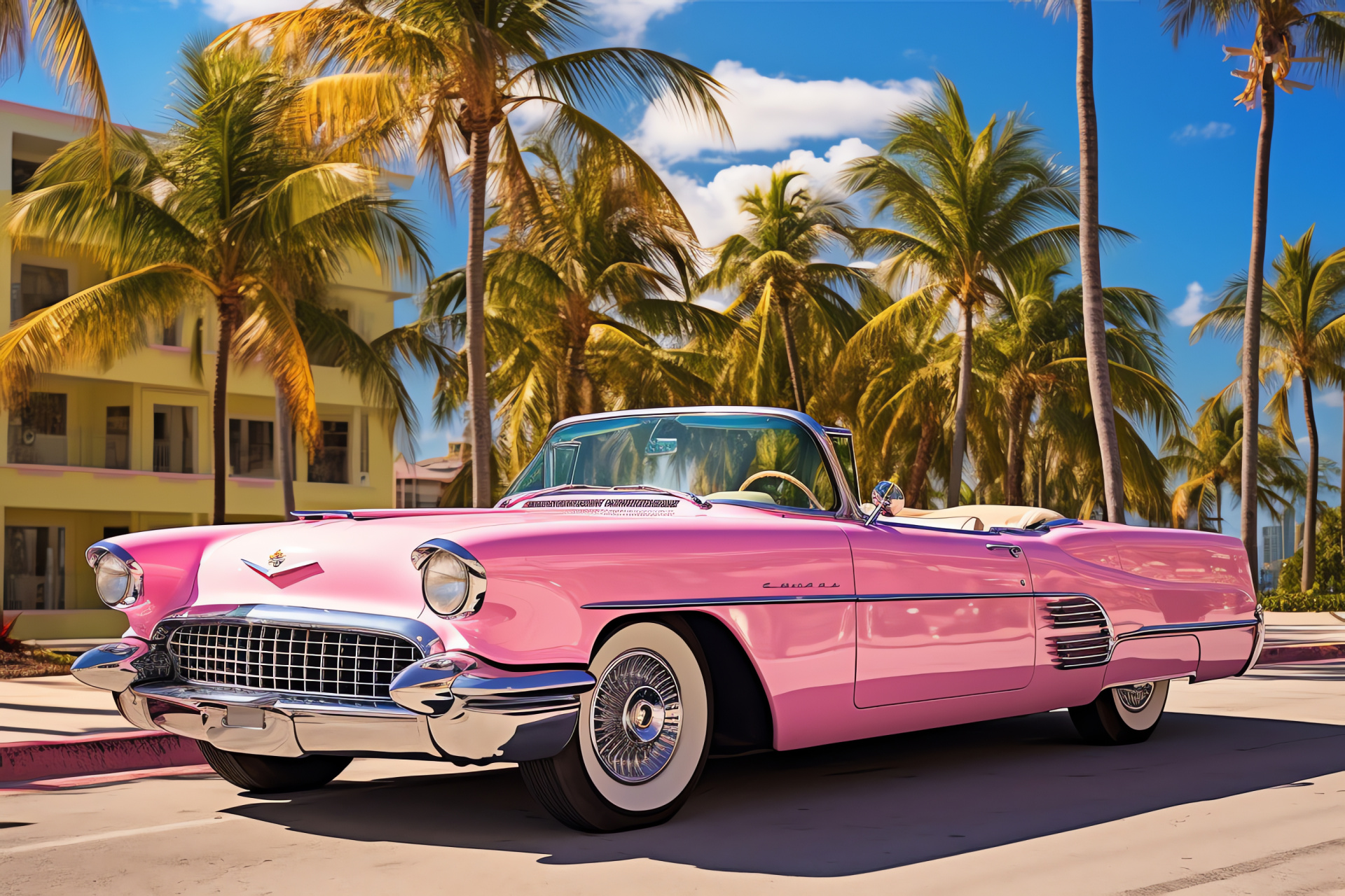 Miami scene Pink Cars, Vintage Cadillac elegance, Beachfront avenue, Tropical flora, Historic architecture, HD Desktop Image