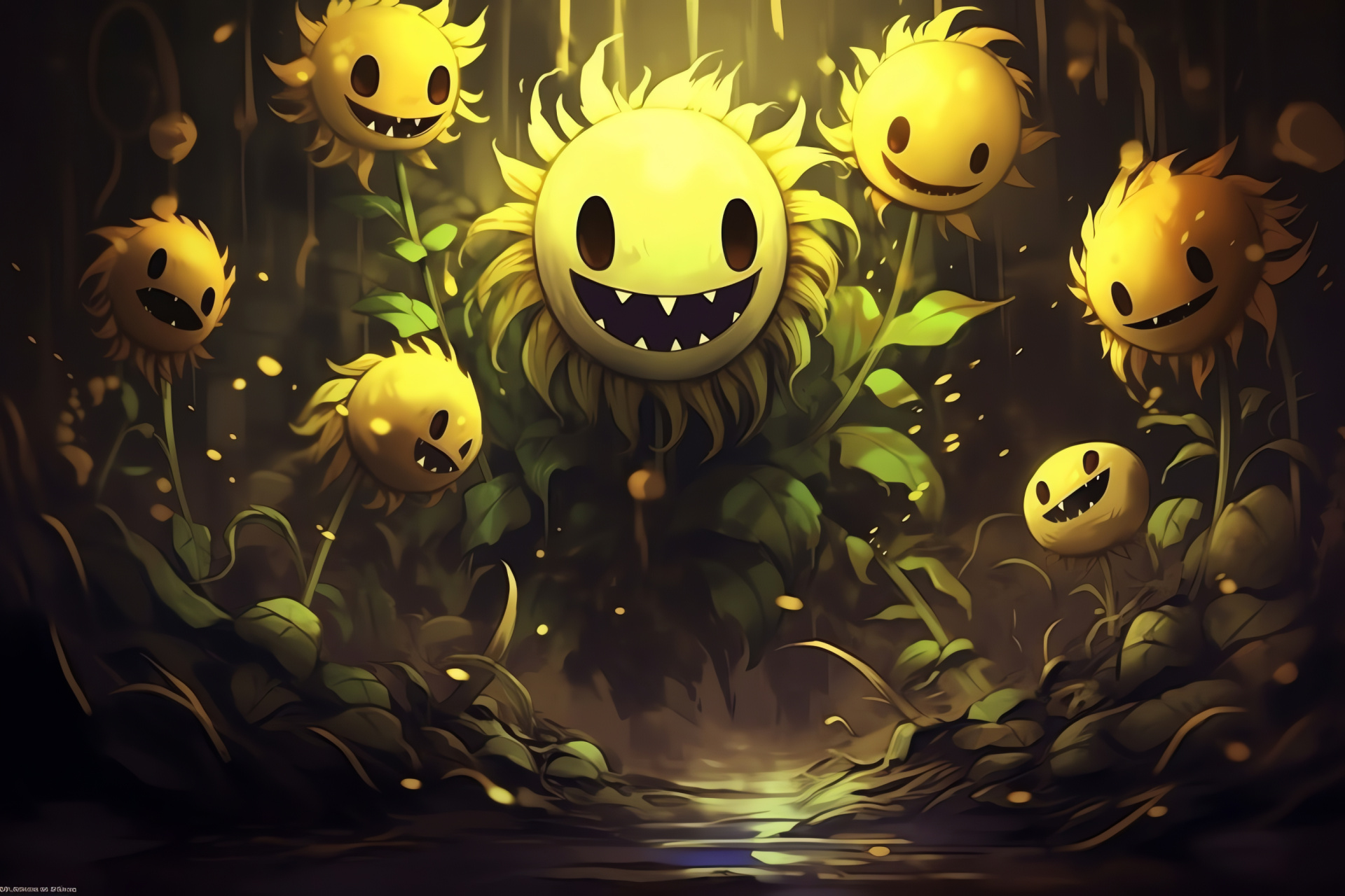 Undertale Flowey capture, Battle sequence, Detailed close shot, Underground environment, Flower character, HD Desktop Wallpaper