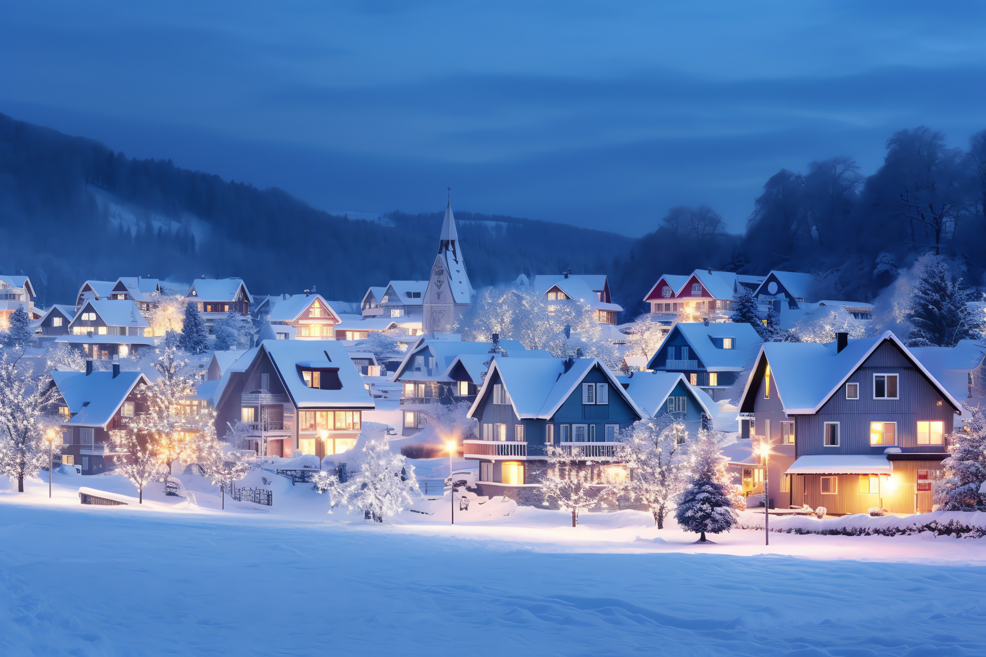 Idyllic snow-clad hamlet, magical white illumination, quaint houses, enchanting winter tableau, storybook appeal, HD Desktop Image