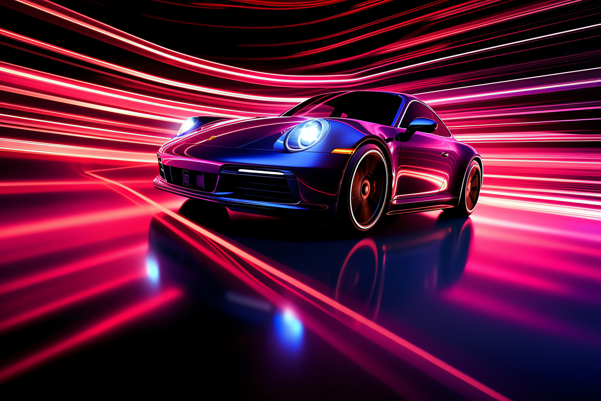 Silhouetted Porsche 911, Neon line ambiance, Aerial automotive view, Sleek vehicle contour, Advanced design allure, HD Desktop Wallpaper