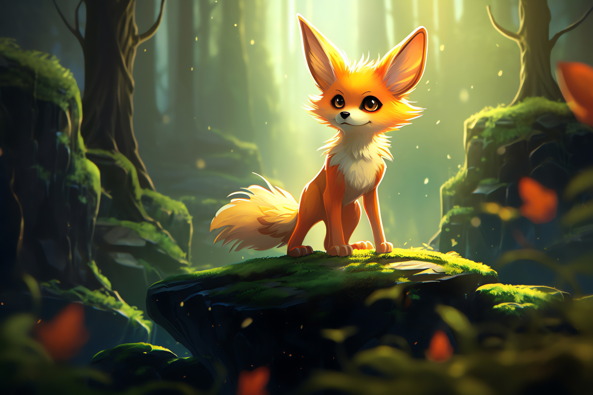 Intrepid Fennekin, Underbrush milieu, Sylvan stones in moss, Filtered solar beams, Pokemon wilderness, HD Desktop Image