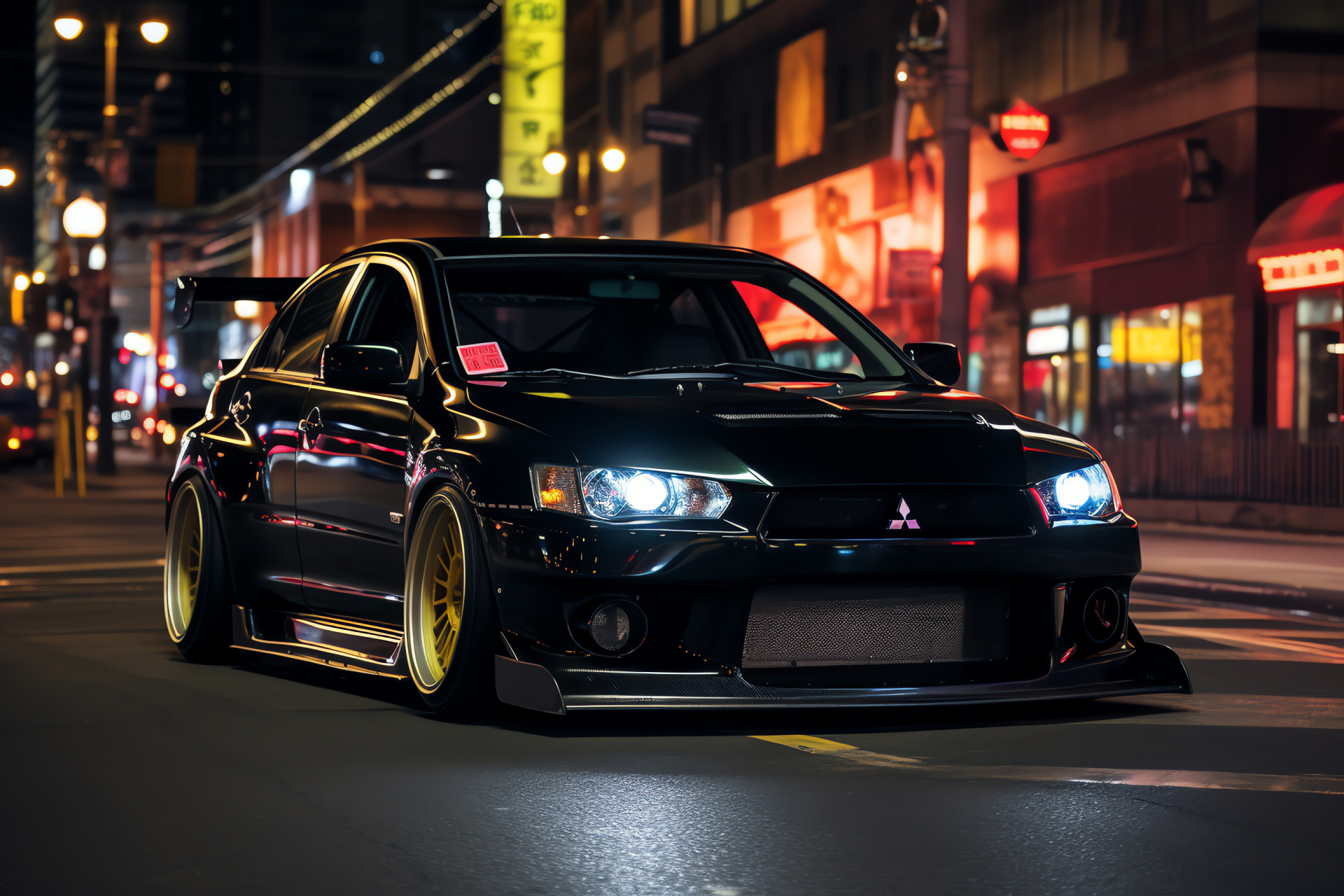 Mitsubishi Evo stance, Performance rally car, Urban racing aesthetic, Aftermarket enhancements, City nightlife, HD Desktop Wallpaper