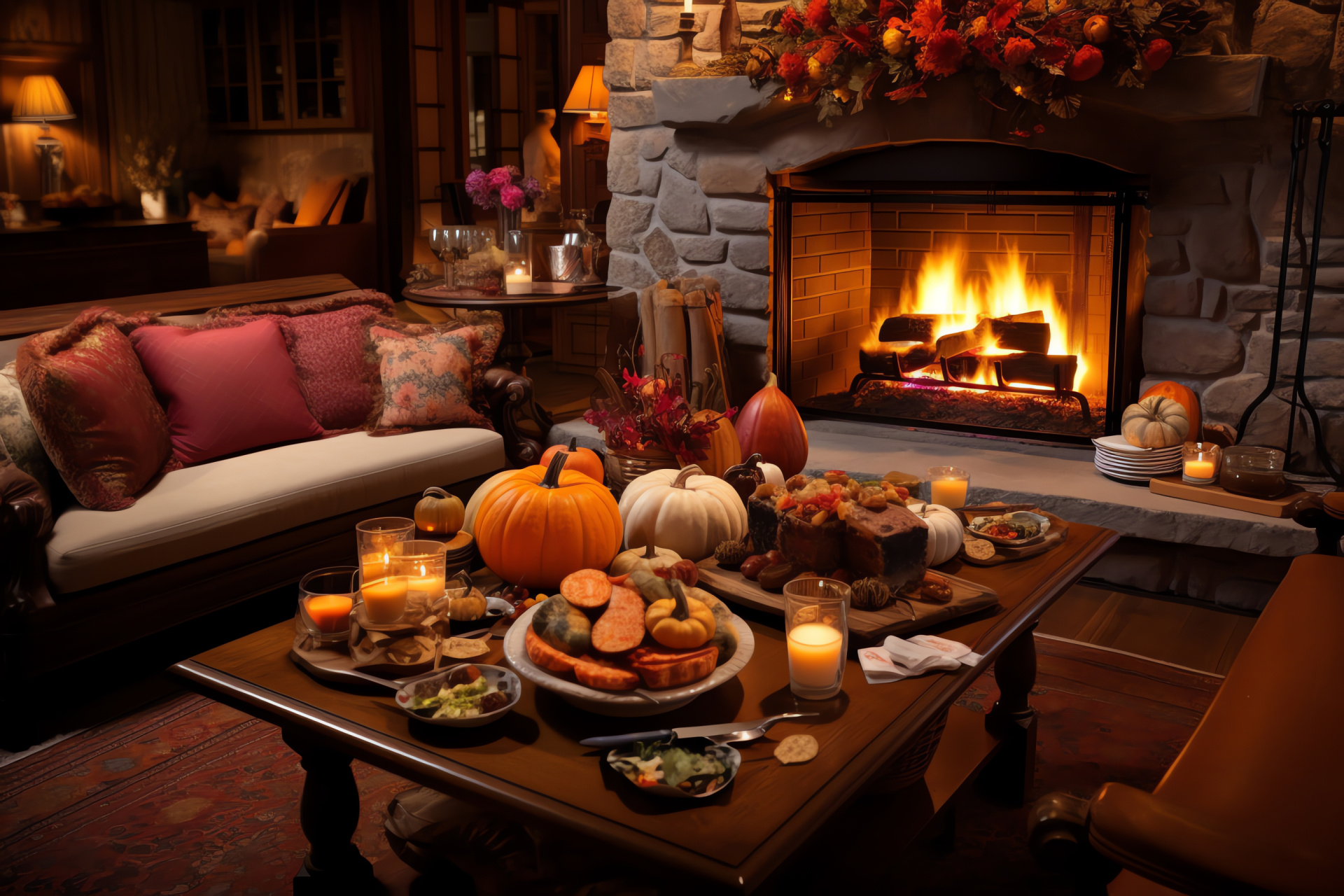 Thanksgiving interior, Fireplace ambience, Hearthside warmth, Holiday interior decorations, Family home, HD Desktop Image