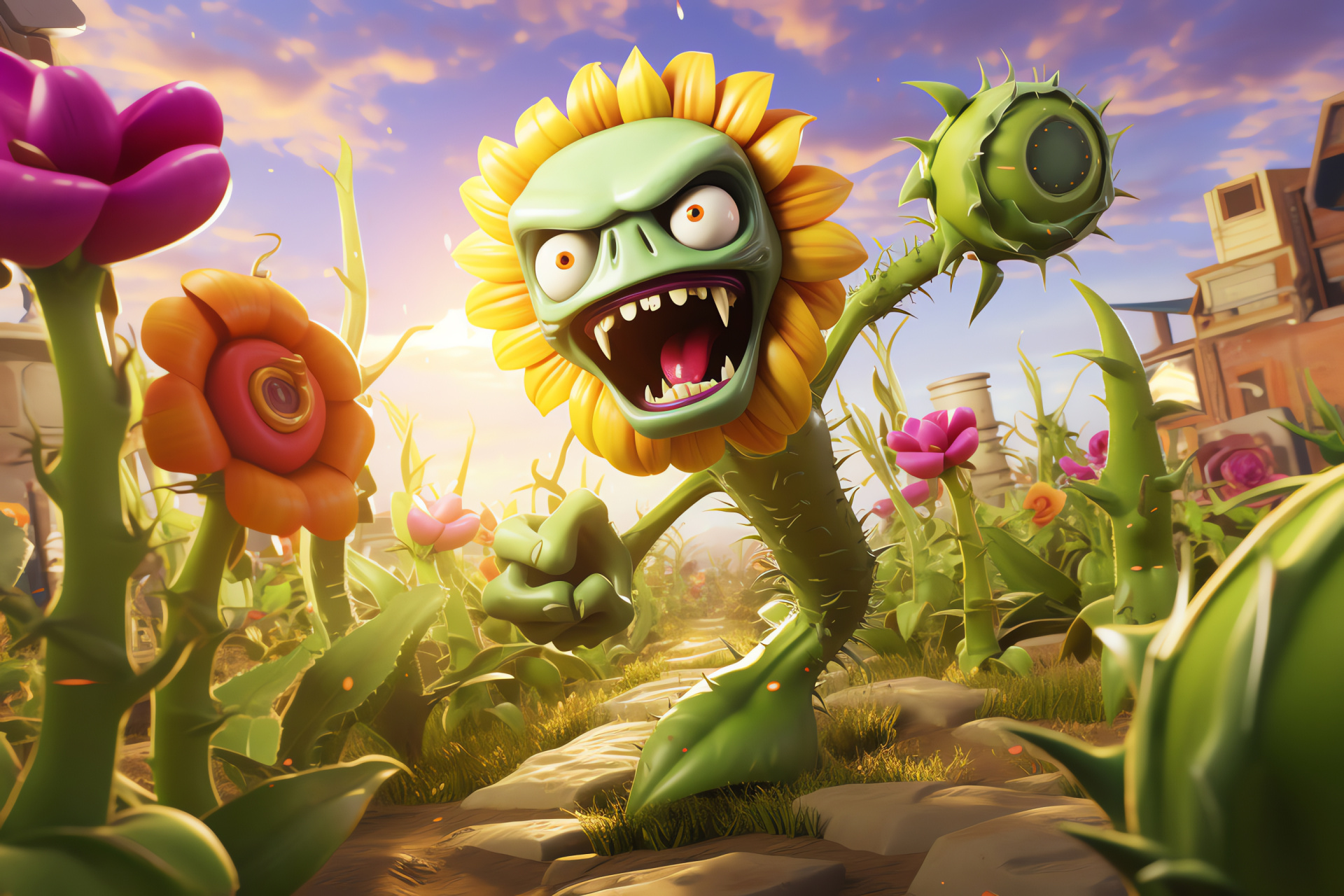 Pvz action game, Peashooter character, Zomburbia setting, explosive ammo, Zombie foes, HD Desktop Image