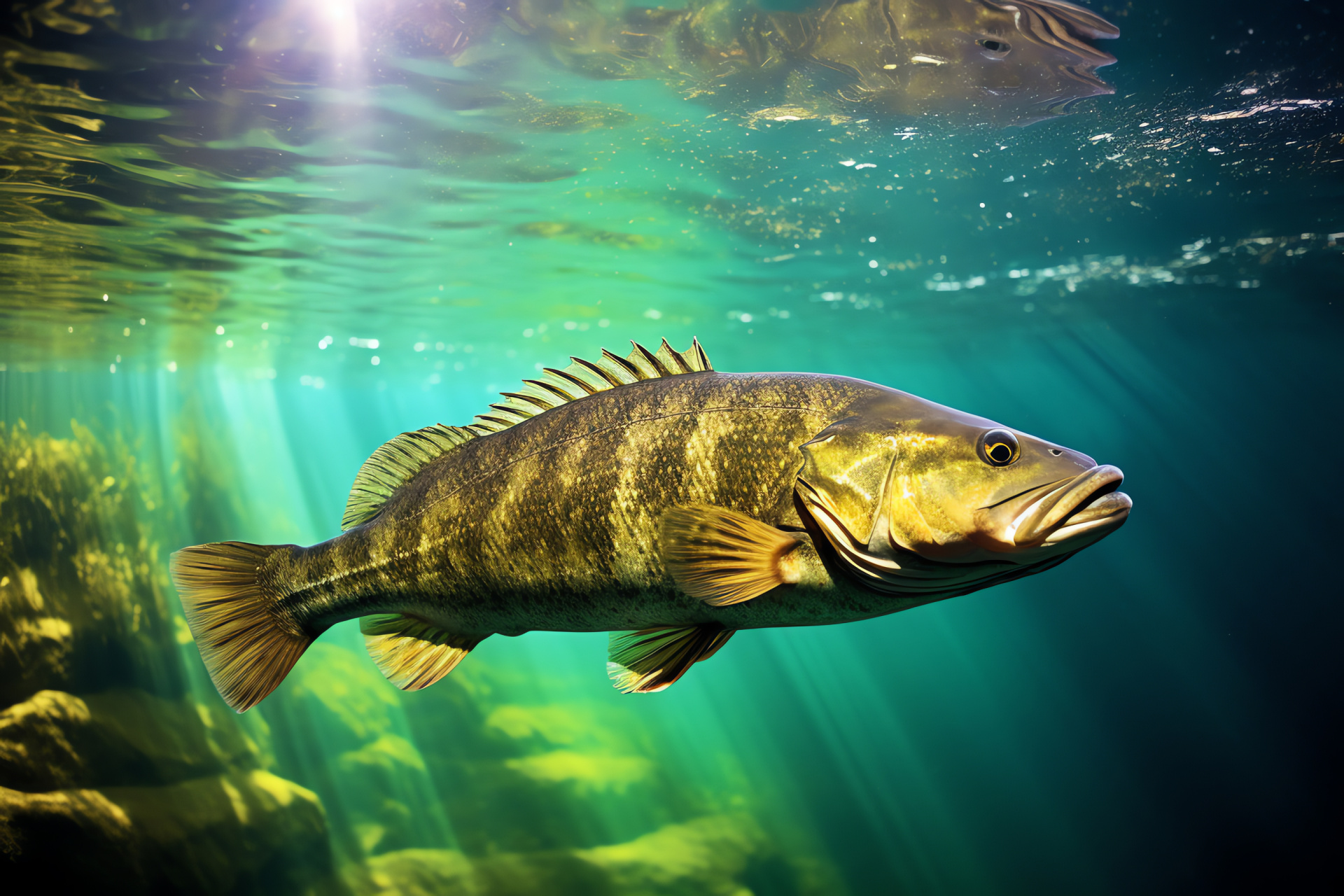 Bass in nature, clear aquatic environment, green-brown camouflaging, sunlit underwater world, reflective fish body, HD Desktop Image