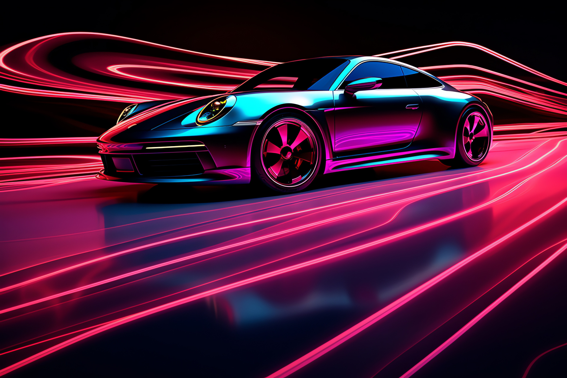 Sleek Porsche 911 aura, Streaks of digital light, Elevated car view, Engineered for speed, Luminous concept, HD Desktop Image