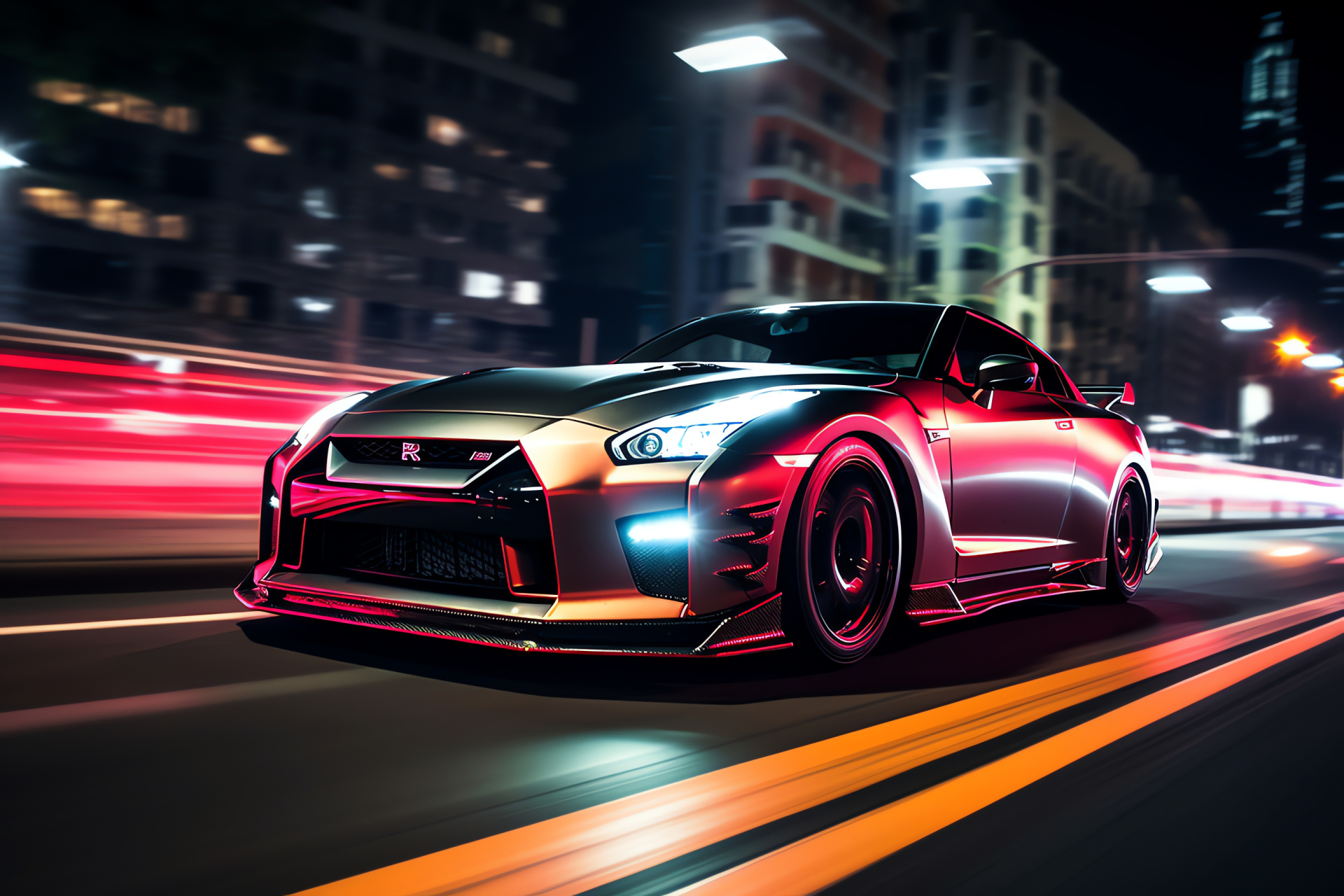 Nissan GT-R Nismo, Tokyo skyline, Avant-garde automotive design, Neon glow interaction, Bold sports car stance, HD Desktop Image