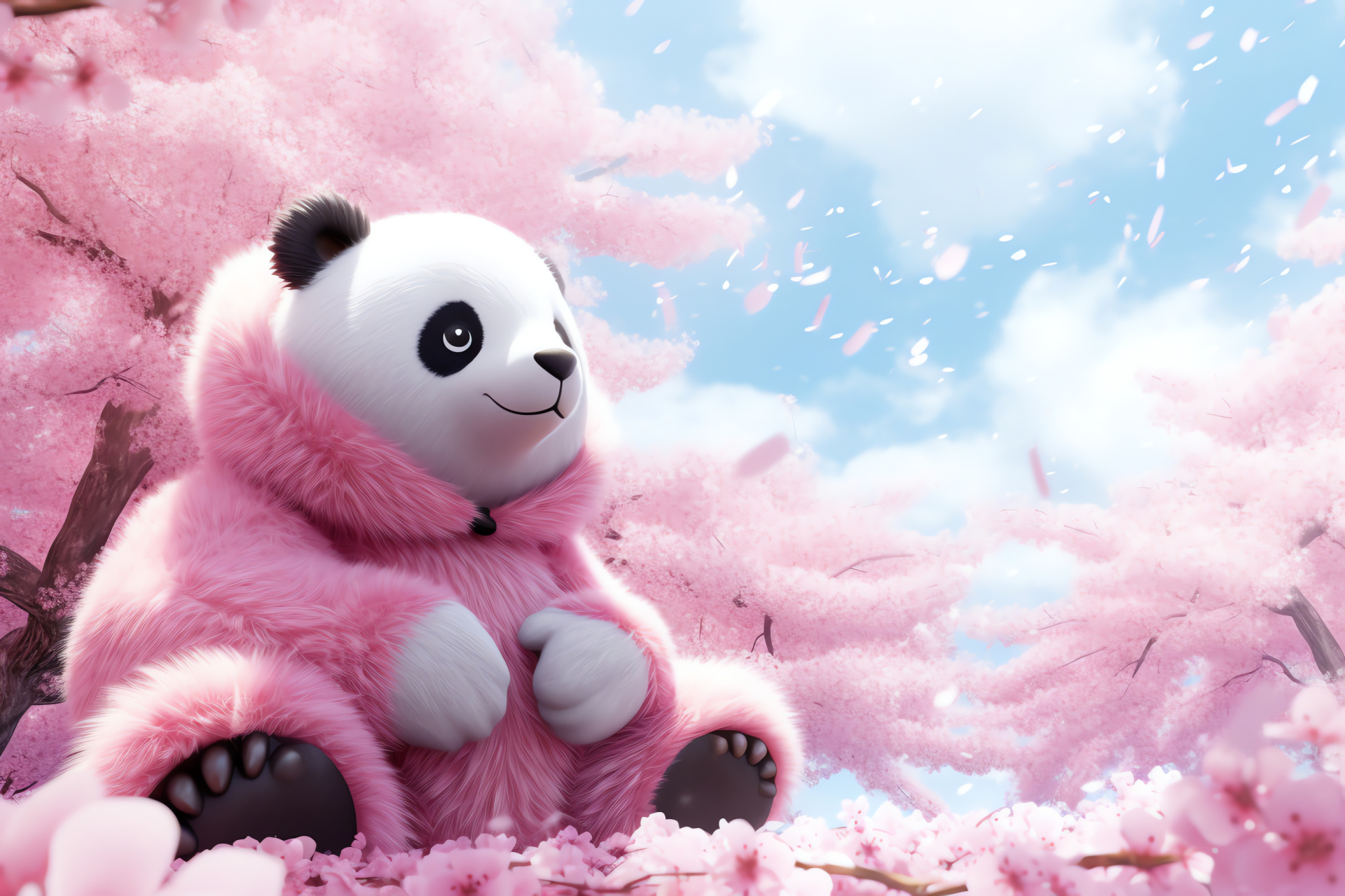 Pastel bear, Contrast fur, Lengthy wool, Blossom setting, Idyllic field, HD Desktop Wallpaper