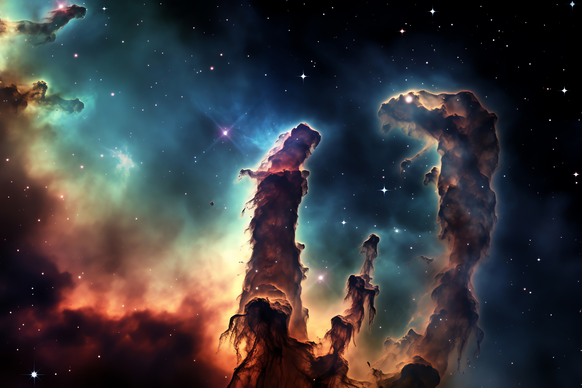 Pillars of Creation visuals, Eagle Nebula scenes, Star-forming phenomena, Gaseous pillar depictions, Celestial creativity display, HD Desktop Wallpaper