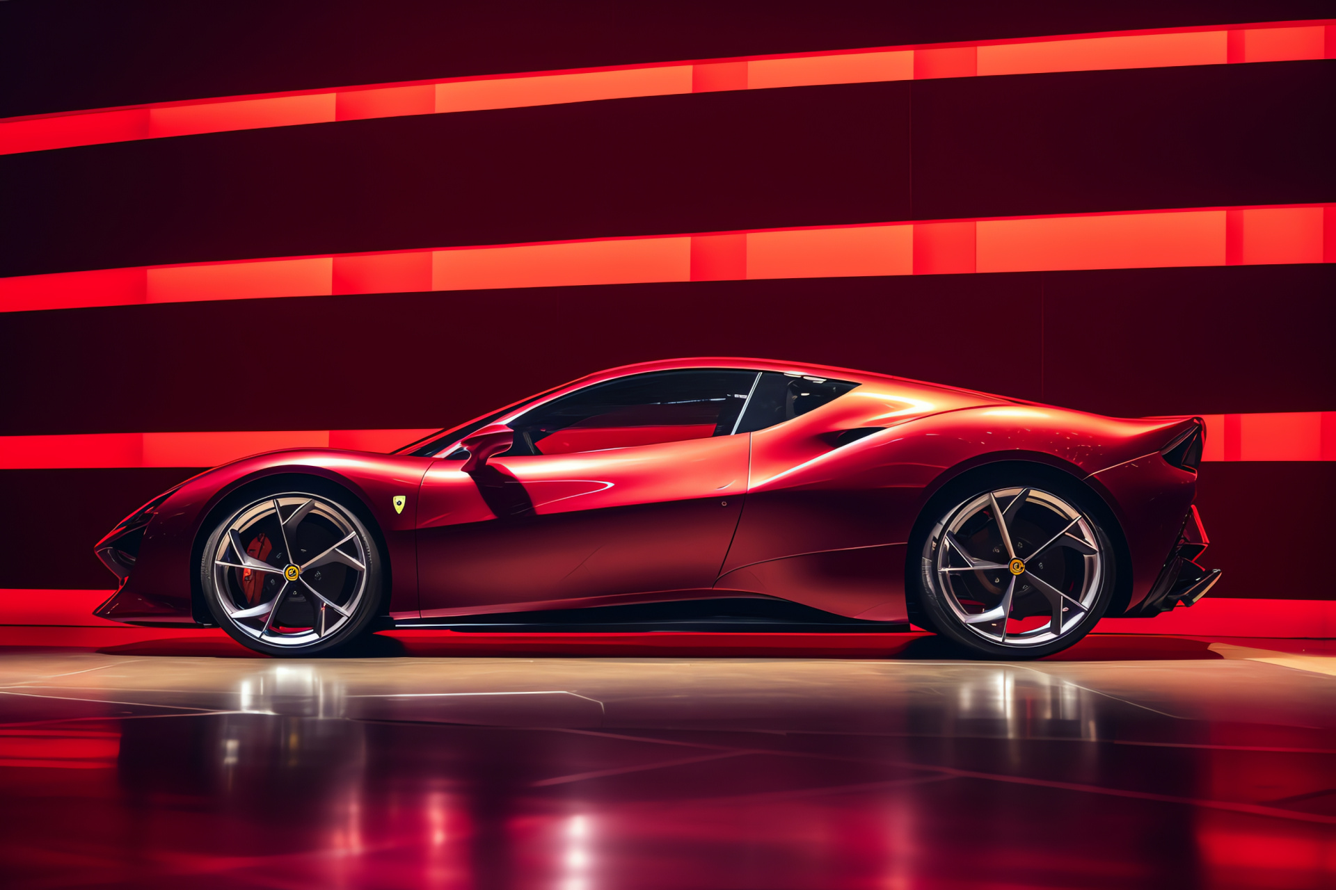 Ferrari SF90 Stradale, Italian supercar, Striking profile, Red backdrop, Hybrid technology, HD Desktop Image