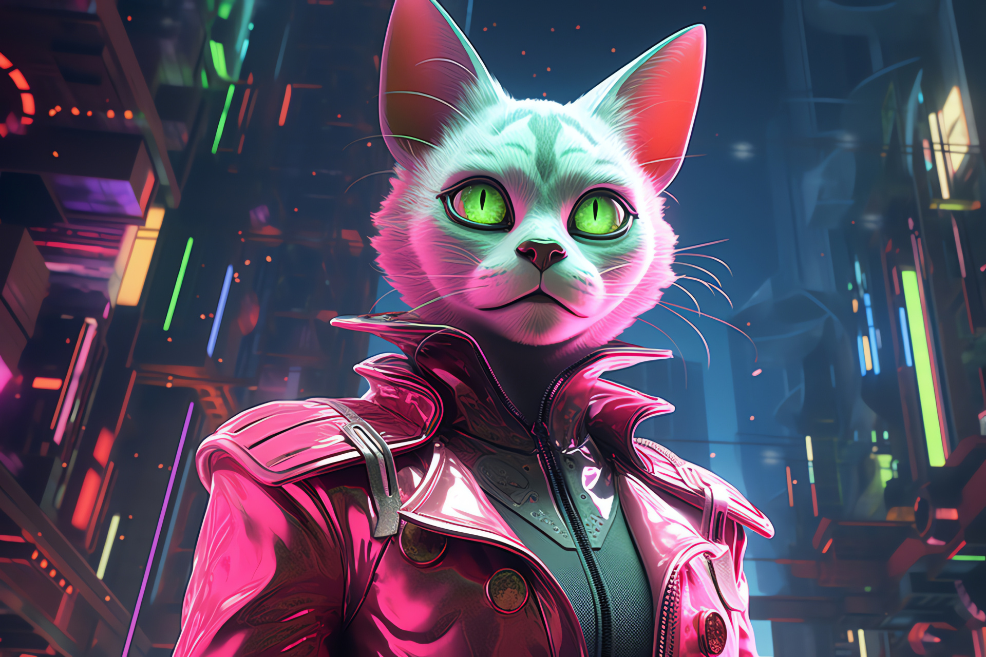 Extraterrestrial Cat, Sci-fi thematics, Intergalactic feline, Space-faring pet, Cosmic metropolis backdrop, HD Desktop Image