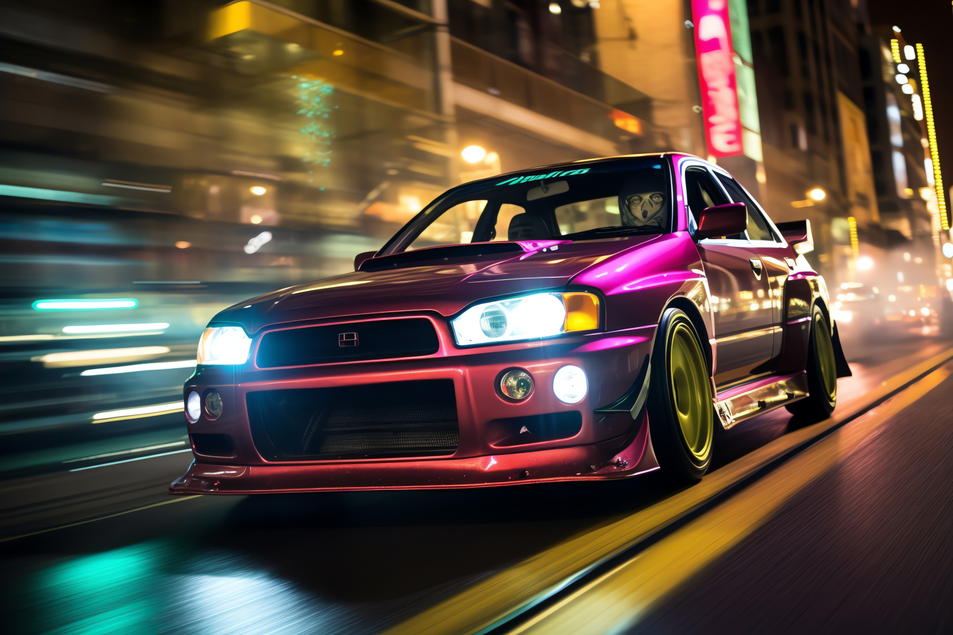 Impreza WRX performance, Tokyo by night, turbo power, illuminated city drive, performance sedan, HD Desktop Image