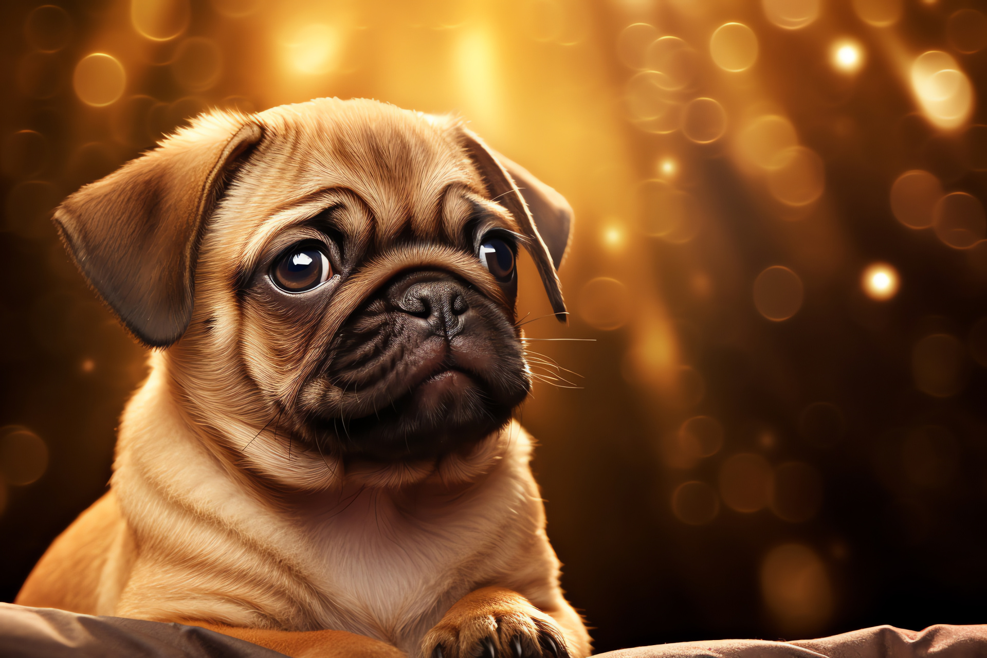 Young Pug expression, Pug dog anticipation, Pug visual appeal, Soft fawn Pug texture, Glow background Pug, HD Desktop Image