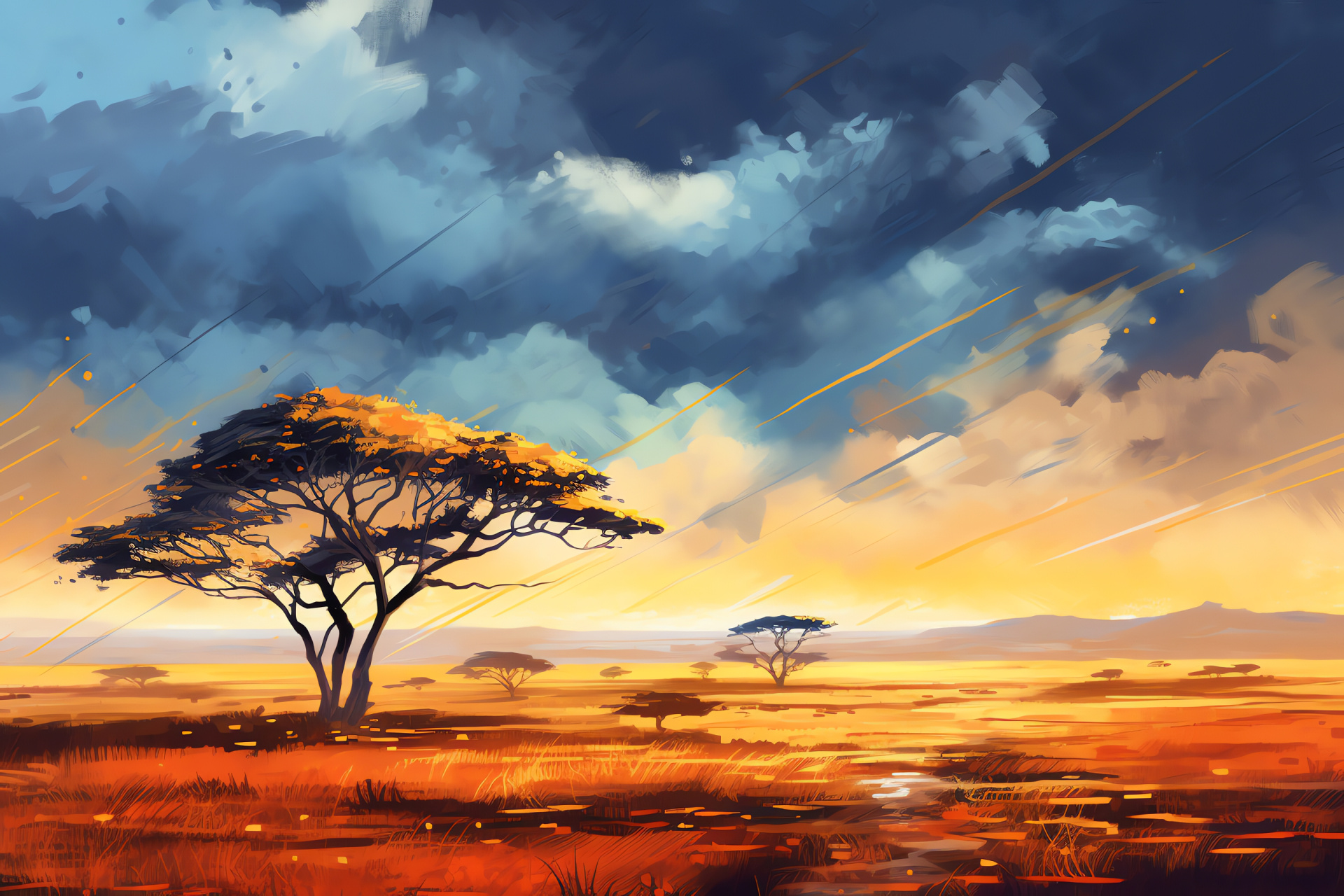 African savannah wet season, panoramic grassland vistas, rain-drenched acacia canopies, wilderness vibrance, HD Desktop Image