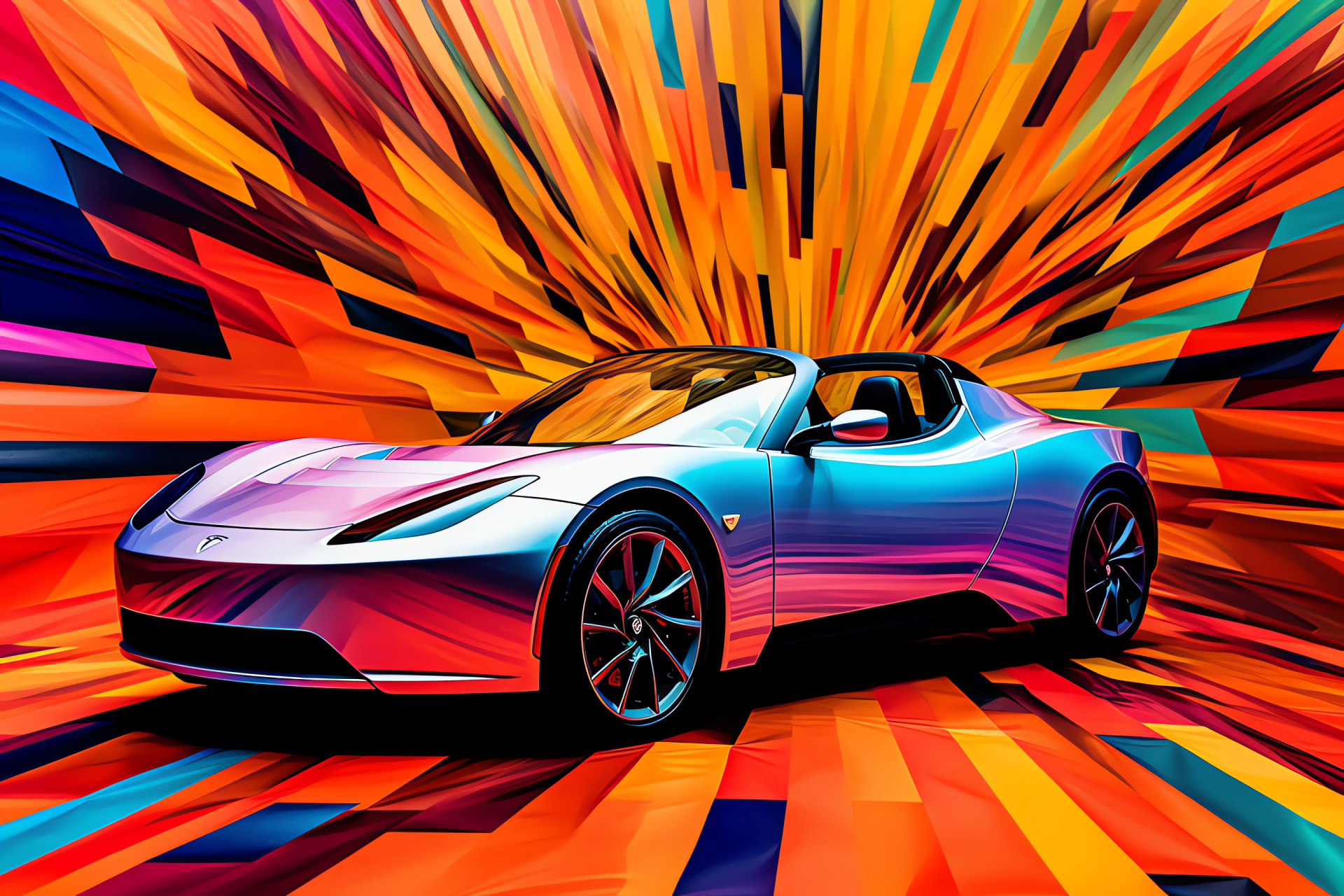 Tesla Roadster, Performance car, Electric vehicle, Geometric art, Abstract backdrop, HD Desktop Wallpaper