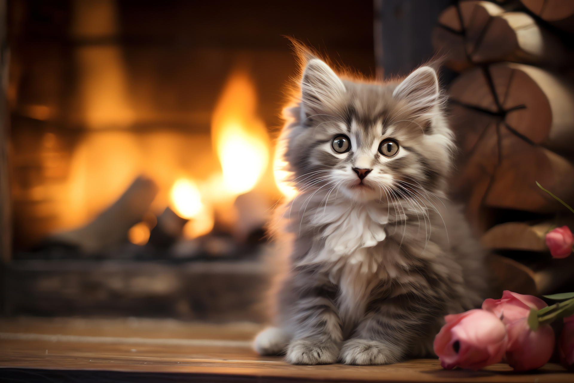 Festive feline, alpine retreat, hearth warmth, ash-hued kitten, timbered habitat, HD Desktop Wallpaper