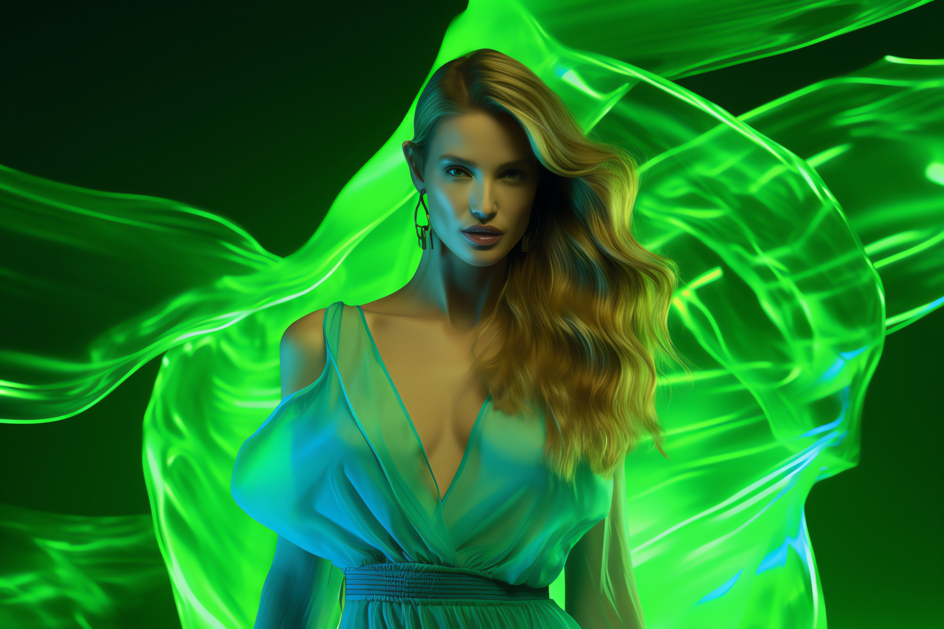 Rosie Huntington, Fashion industry icon, Mesmerizing gaze, Neon illumination, Swirling design, HD Desktop Image