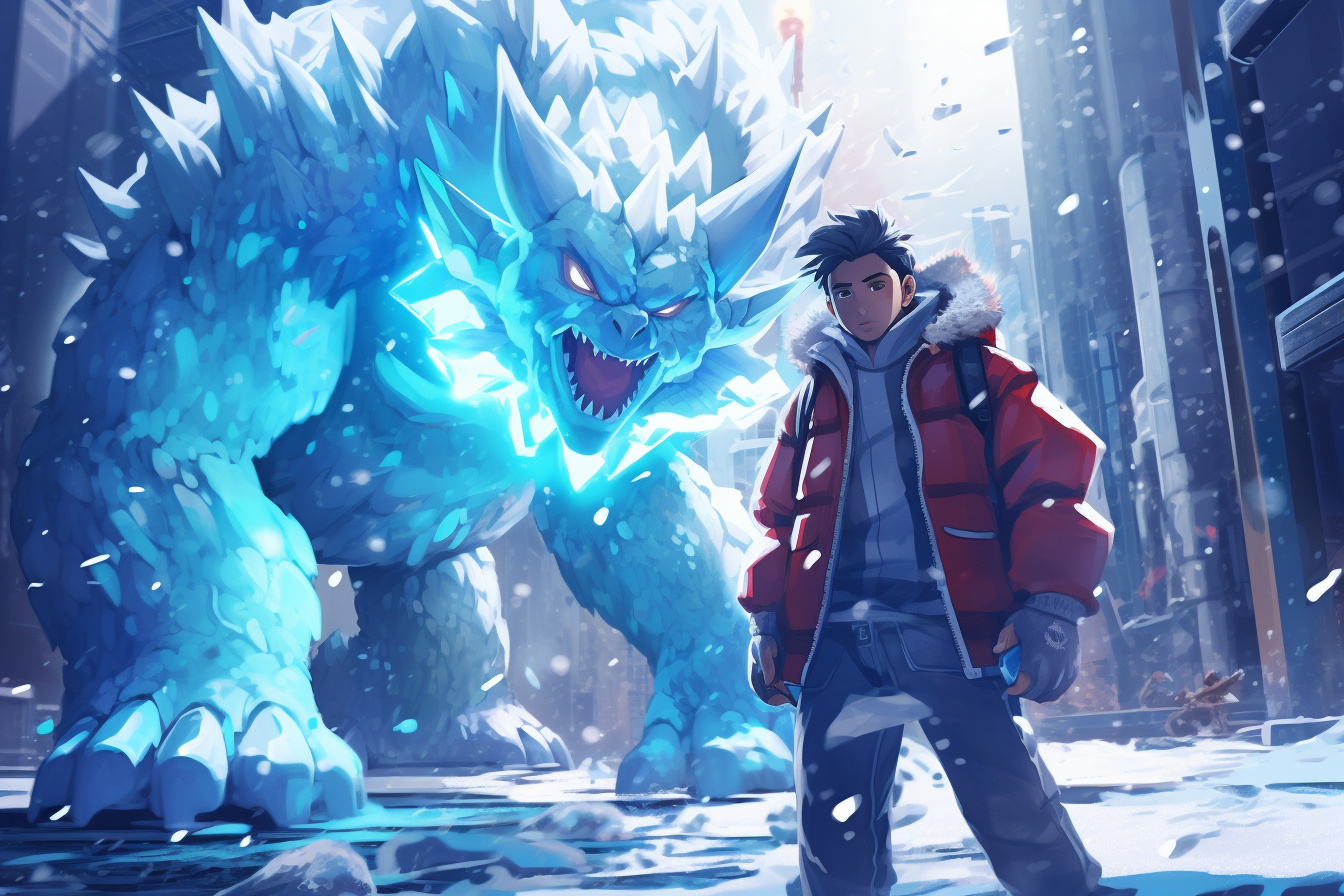 Pokemon White gameplay, Wintry Icirrus locale, Trainer and Pokemon, Beartic's frosty aura, Snowflake fall, HD Desktop Image