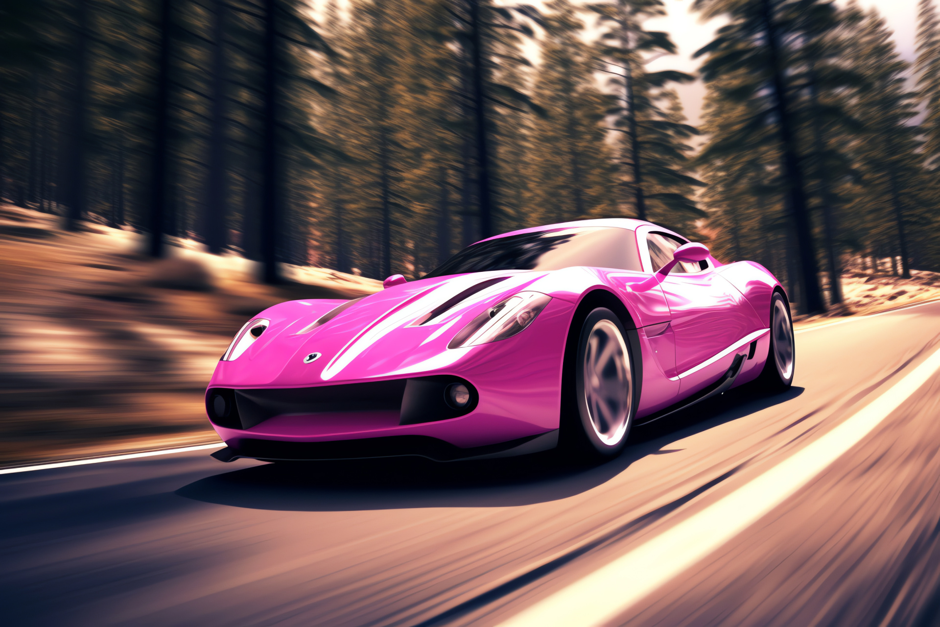 Sports car in magenta, Serpentine mountain path, Exotic automobiles, Natural scenery, Alpine vegetation, HD Desktop Image