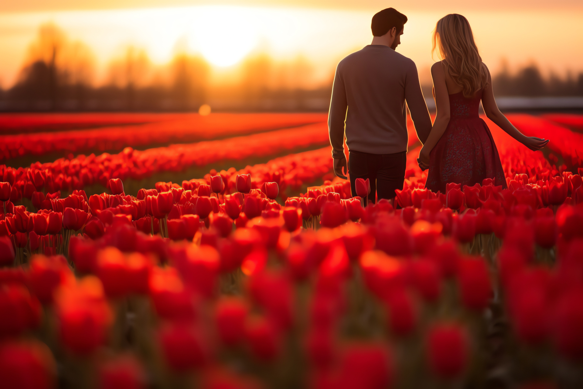 Hand-in-hand stroll, Blossoming landscape, Spring flowers, Romantic expedition, Emotional bond, HD Desktop Wallpaper