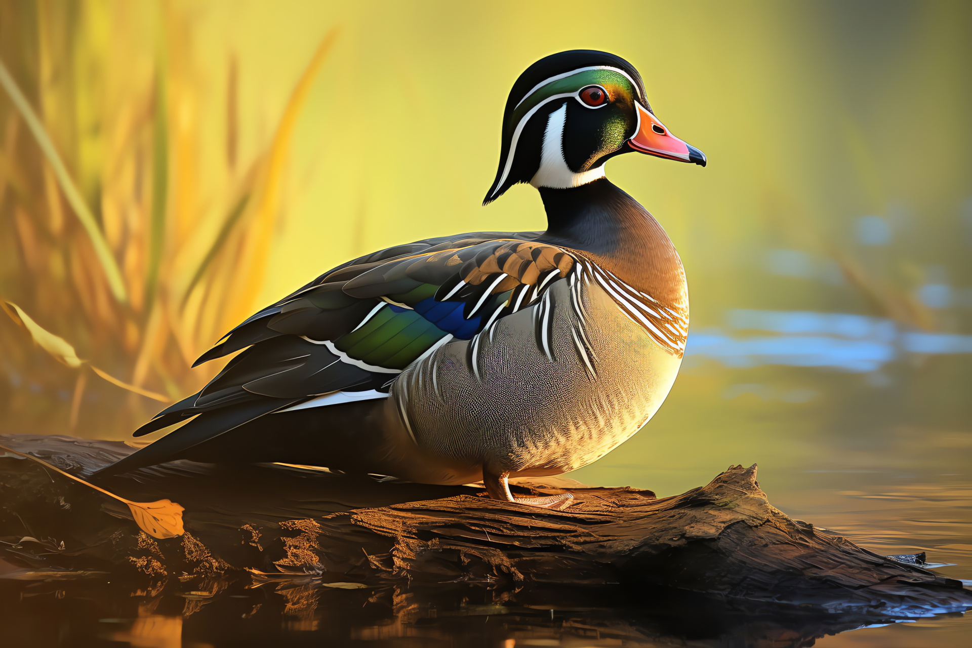 Aix sponsa, Waterfowl habits, Lakeside avian, Plumage display, Sunlight shimmer, HD Desktop Image