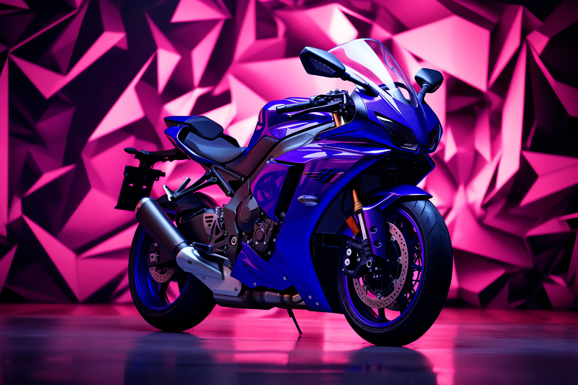 Yamaha R1 features, Auto agility, Geometric patterns, Purple and blue shades, HD Desktop Image