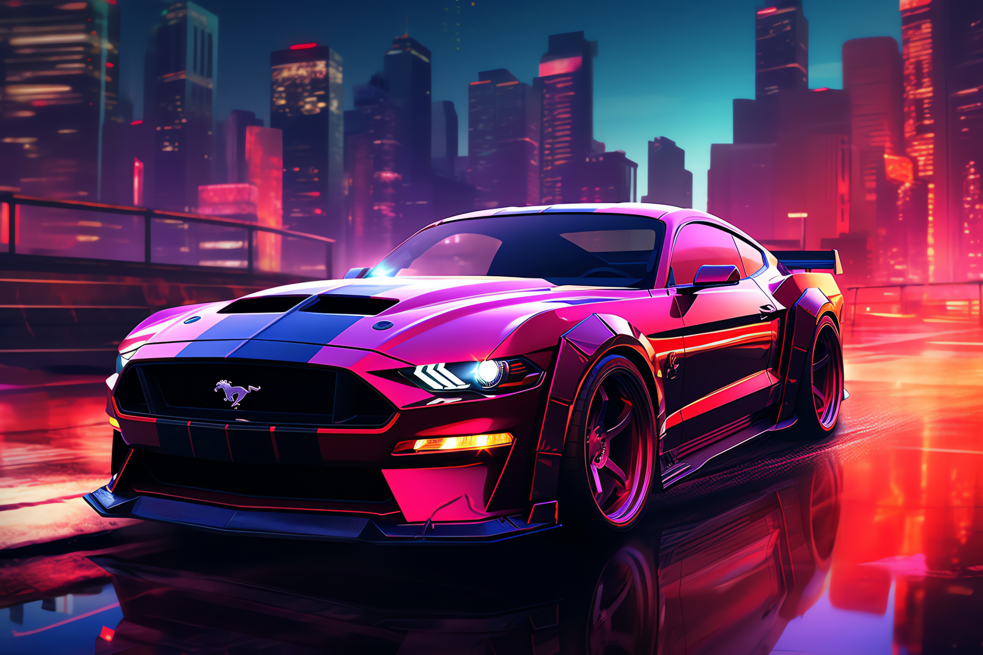 Mustang HD model, Complete car display, New age cityscape, Shimmering street scenery, Digital art style, HD Desktop Wallpaper