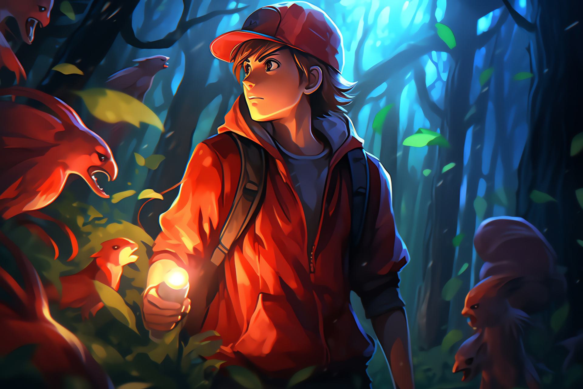 Red's companionship, Mythical encounter, Enchanted woodland, Timeless grove, Legendary Pokemon, HD Desktop Wallpaper