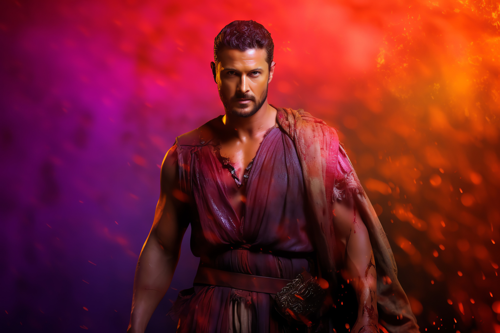 Dan Feuerriegel, Agron role, Striking backdrop, Armed stance, Historical weaponry, HD Desktop Image