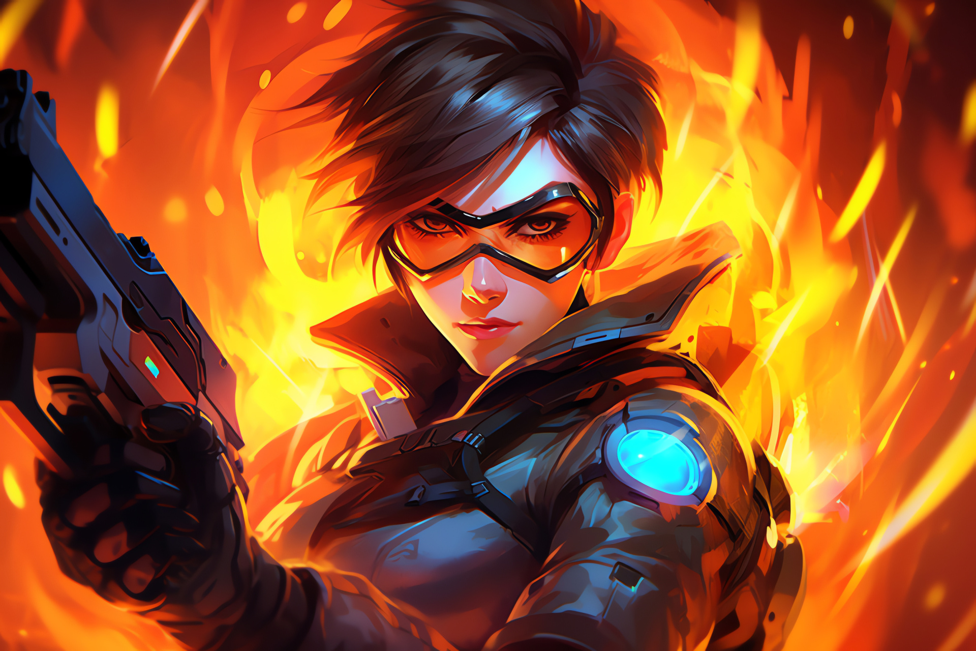 Overwatch game Tracer, Dimensional hops, Dynamic rogue, Engaging presence, Artistic illustration, HD Desktop Wallpaper