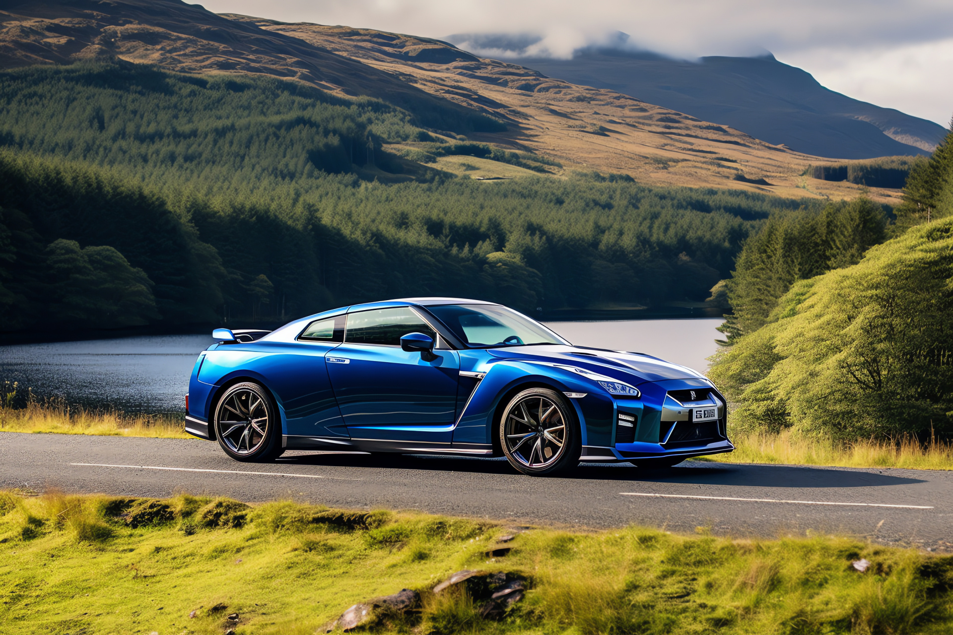 Nissan GTR R35, Scotland highlands, Skyline edition prestige, Cobalt blue aesthetic, Pastoral vista, HD Desktop Image