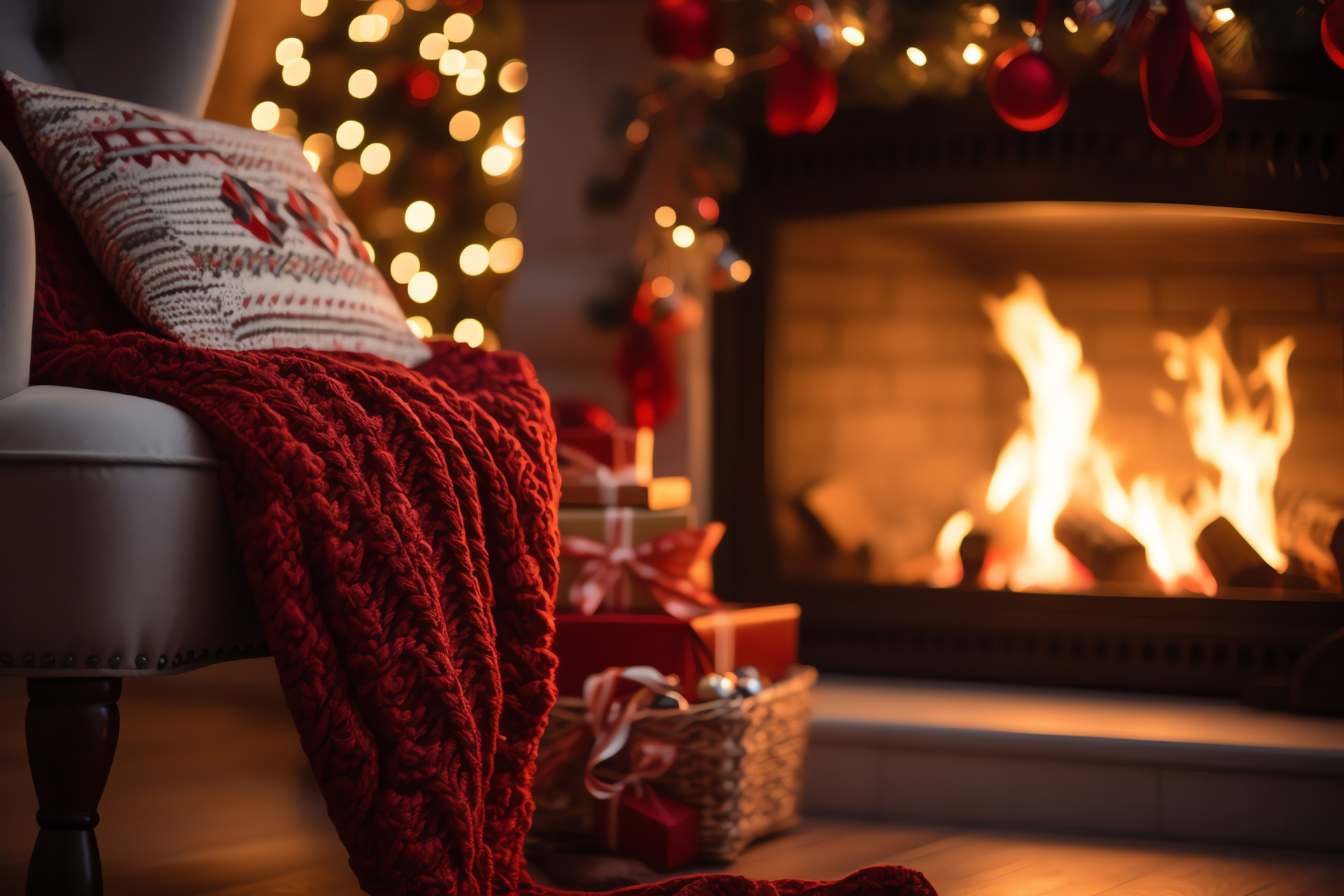 Christmas ambiance, Fireside comfort, Stocking displays, Cozy textiles, Chocolate warmth, HD Desktop Image