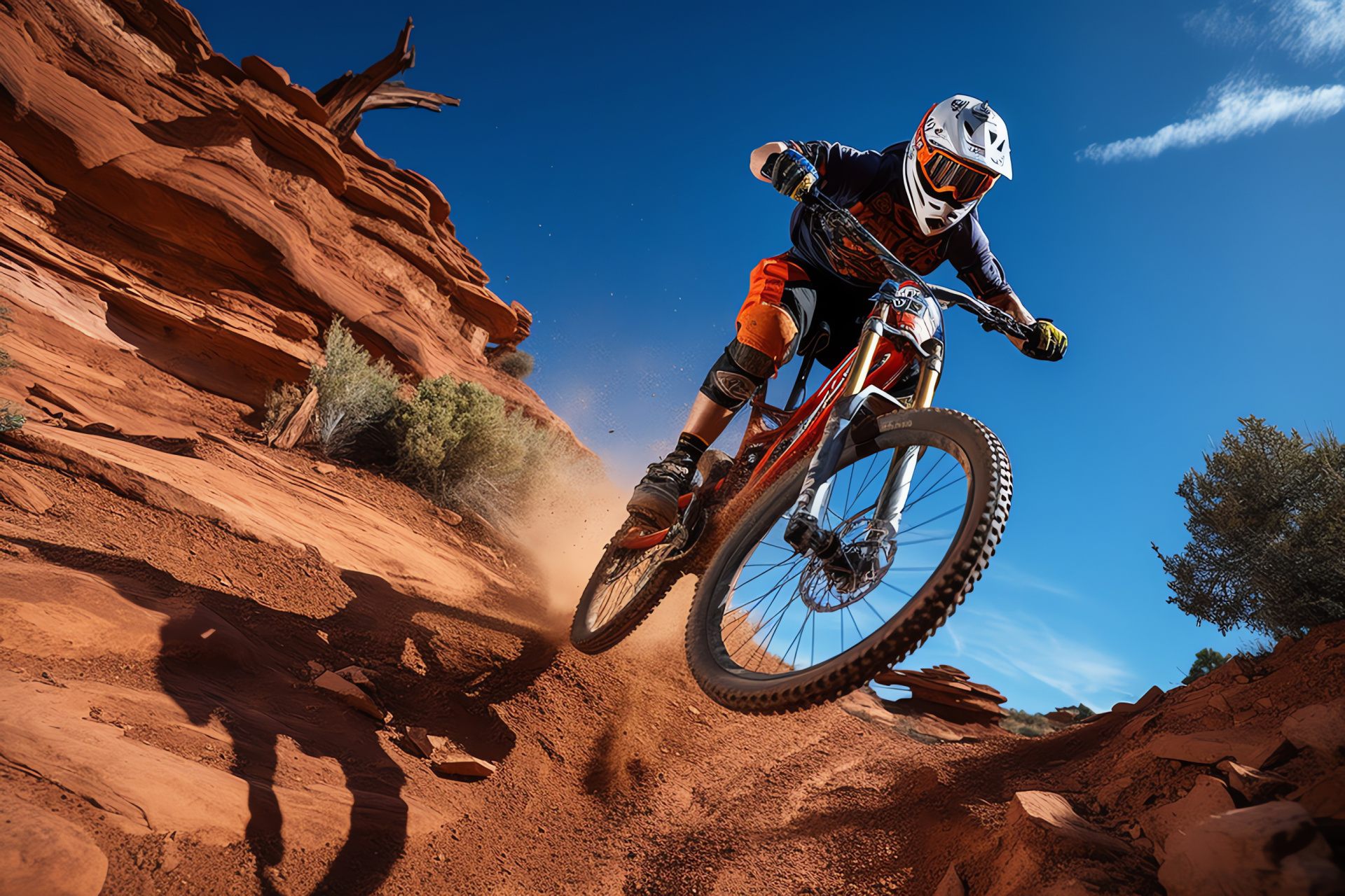 Red Bull Rampage daring, Sandstone cliff challenge, Extreme sports angle, Gravity-defying bicycle feat, MTB stunt showcase, HD Desktop Wallpaper