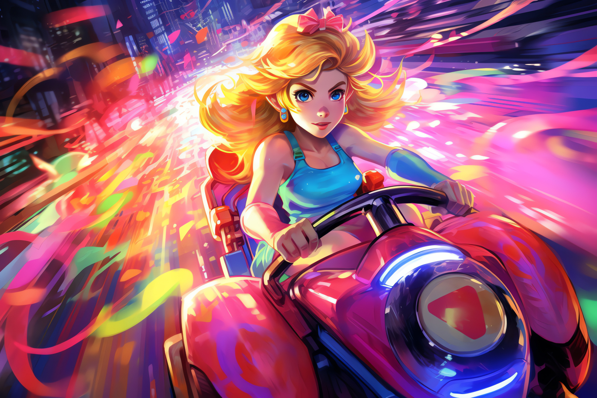 Princess Peach courage, Race to victory, Frantic speedway, Blond radiance, Adrenaline rush, HD Desktop Wallpaper