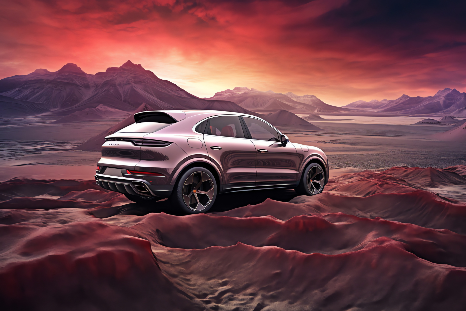 Porsche Cayenne Turbo Coupe, Extraterrestrial terrain, Aerial automotive view, Metallic shine, High-performance model, HD Desktop Image