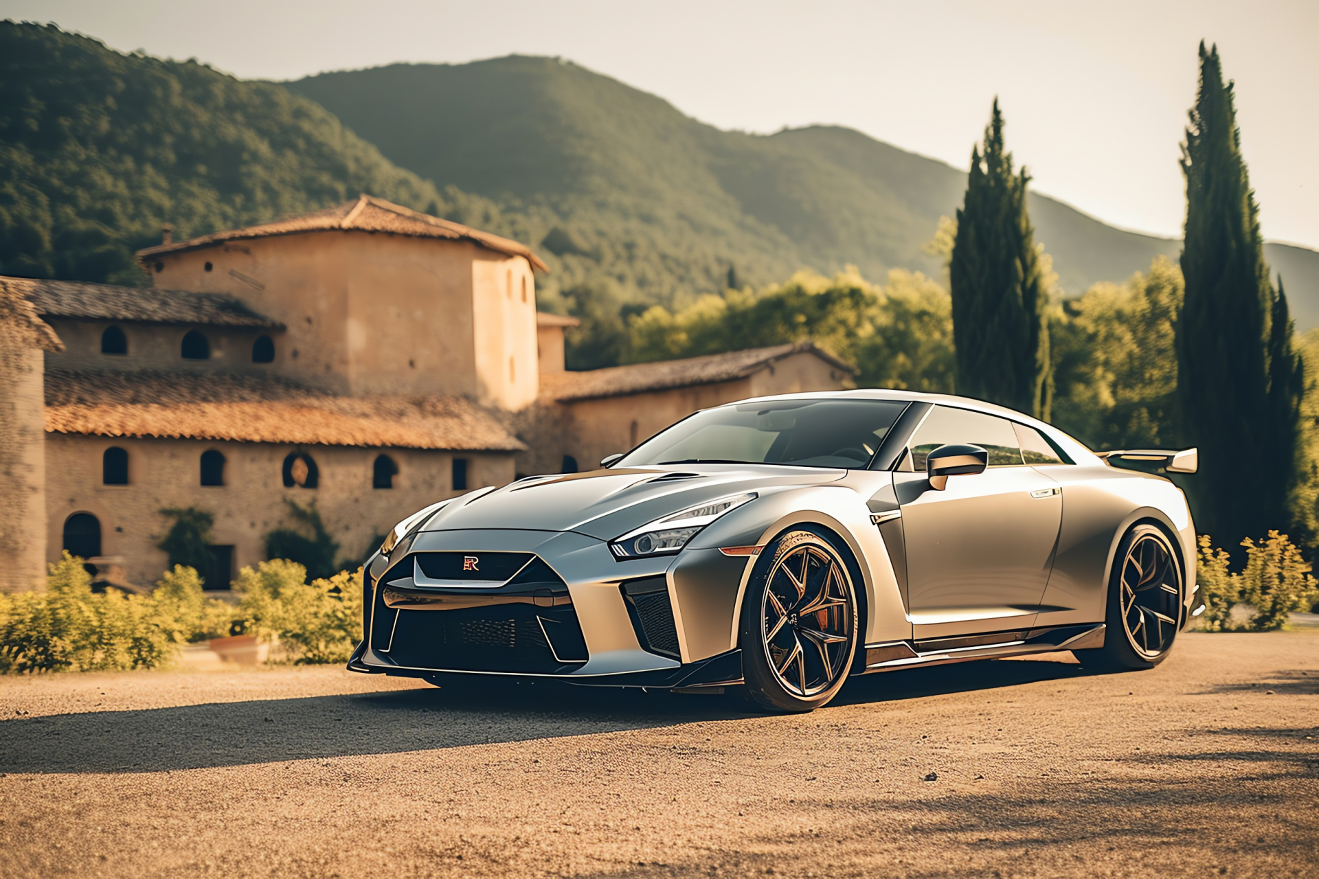 GTR R35 Italdesign, Italian elegance, Countryside roads, Prestigious sports car, Silver and gold elements, HD Desktop Wallpaper