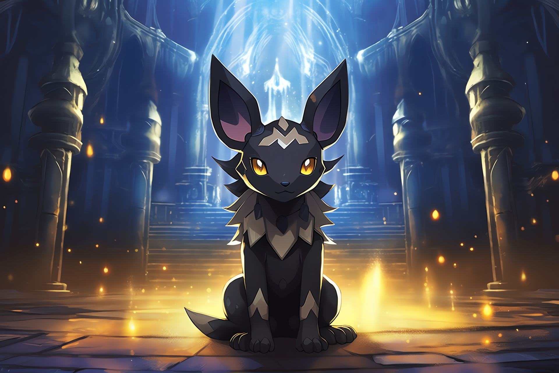 Epic Pokemon realm, Dusky ambience, Ancient structure, Vesper surroundings, Fantasy Umbreon, HD Desktop Wallpaper