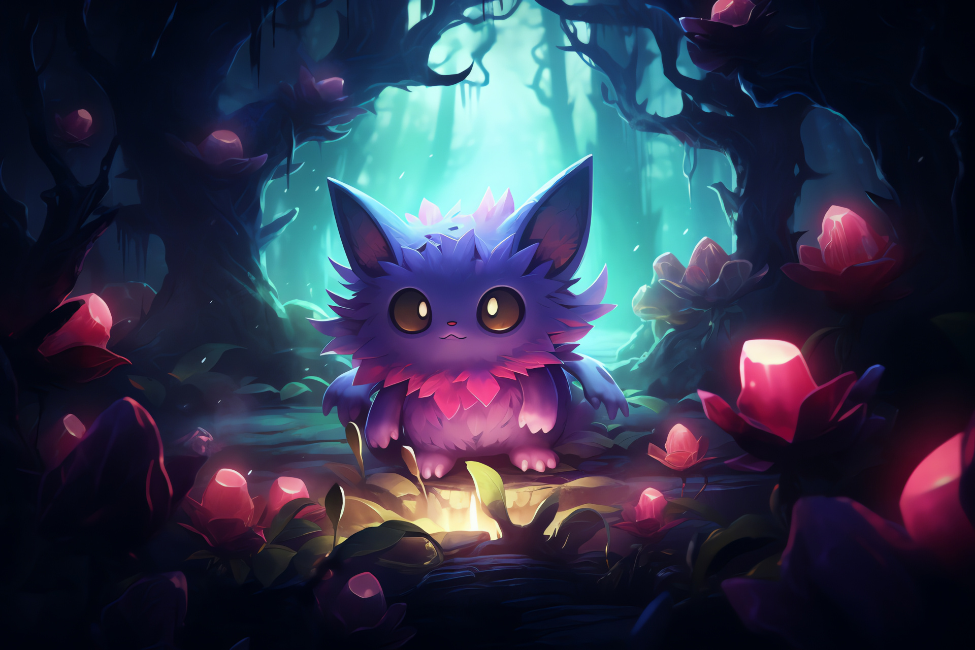 Gengar, Misdreavous, Banette, Enchanted woodland, Fairy tale setting, HD Desktop Wallpaper