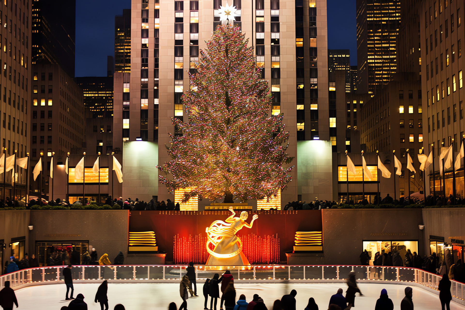 Manhattan holiday iconography, towering Christmas fir, public ice skating, cityscape winter festivities, seasonal New York attraction, HD Desktop Image