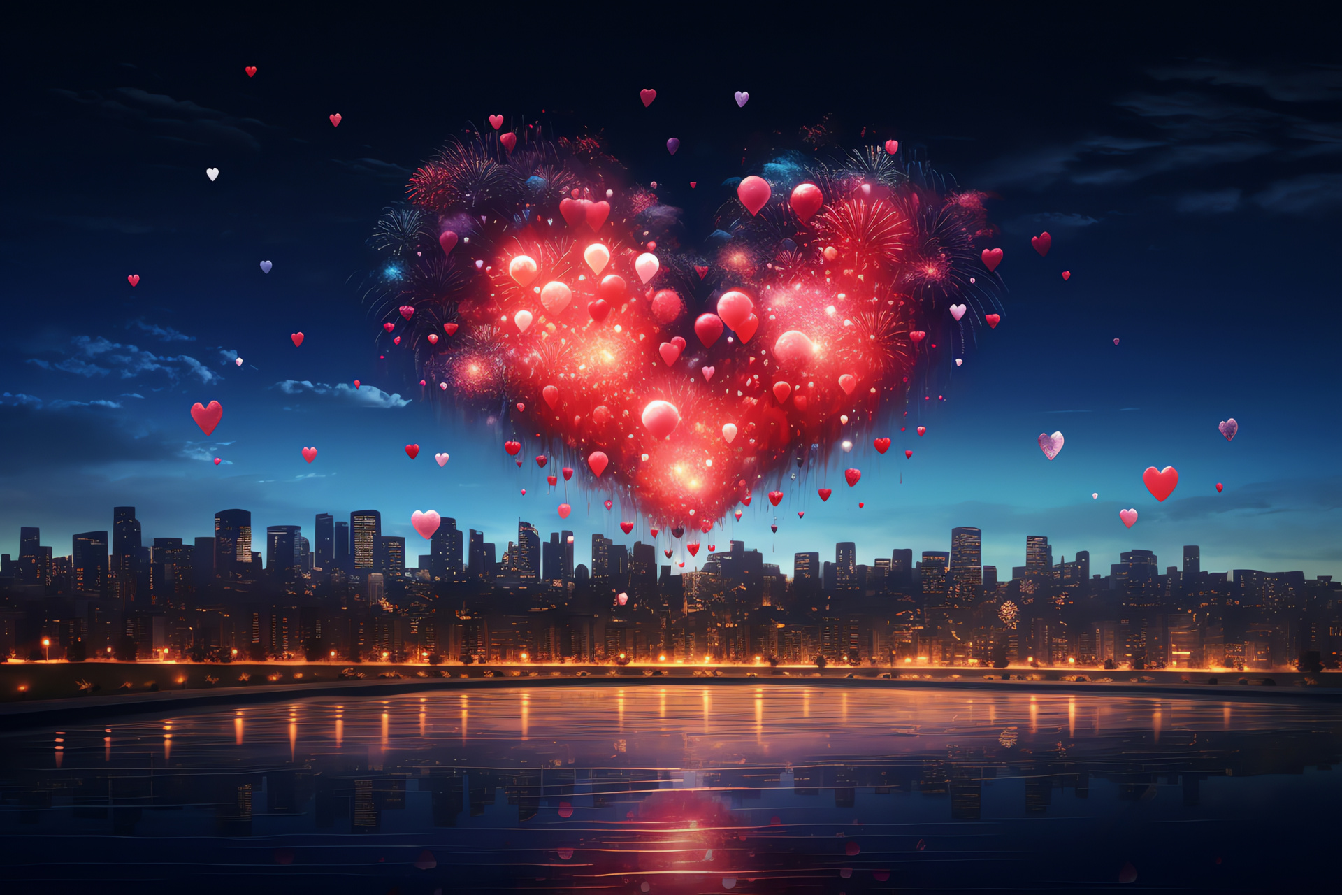 Valentine's Day celebration, Urban landscape, Nighttime pyrotechnics, Festive atmosphere, Heart iconography, HD Desktop Wallpaper