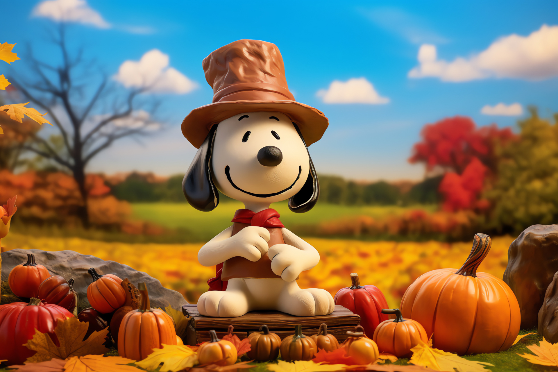 Thanksgiving with Snoopy, Companion Woodstock, Autumnal scene, Celebratory feast, Idyllic landscape, HD Desktop Wallpaper