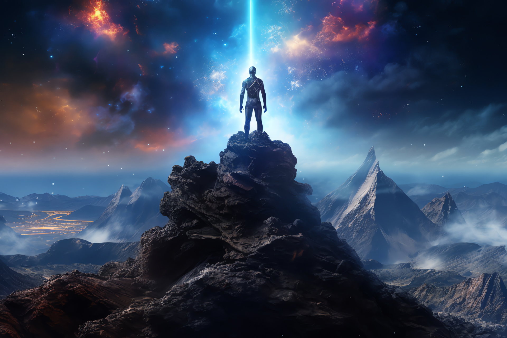 Celestial body terrain, Extraterrestrial standing, Space exploration, Rocky extraplanetary surface, Alien figure, HD Desktop Image