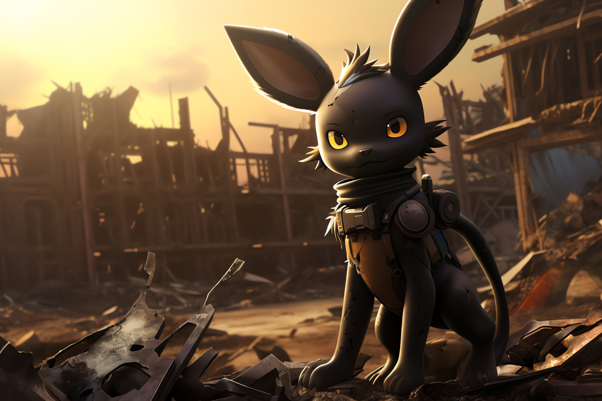 Umbreon depicted, Apocalyptic theme, Destroyed architecture, Faded hues, Ruin background, HD Desktop Image